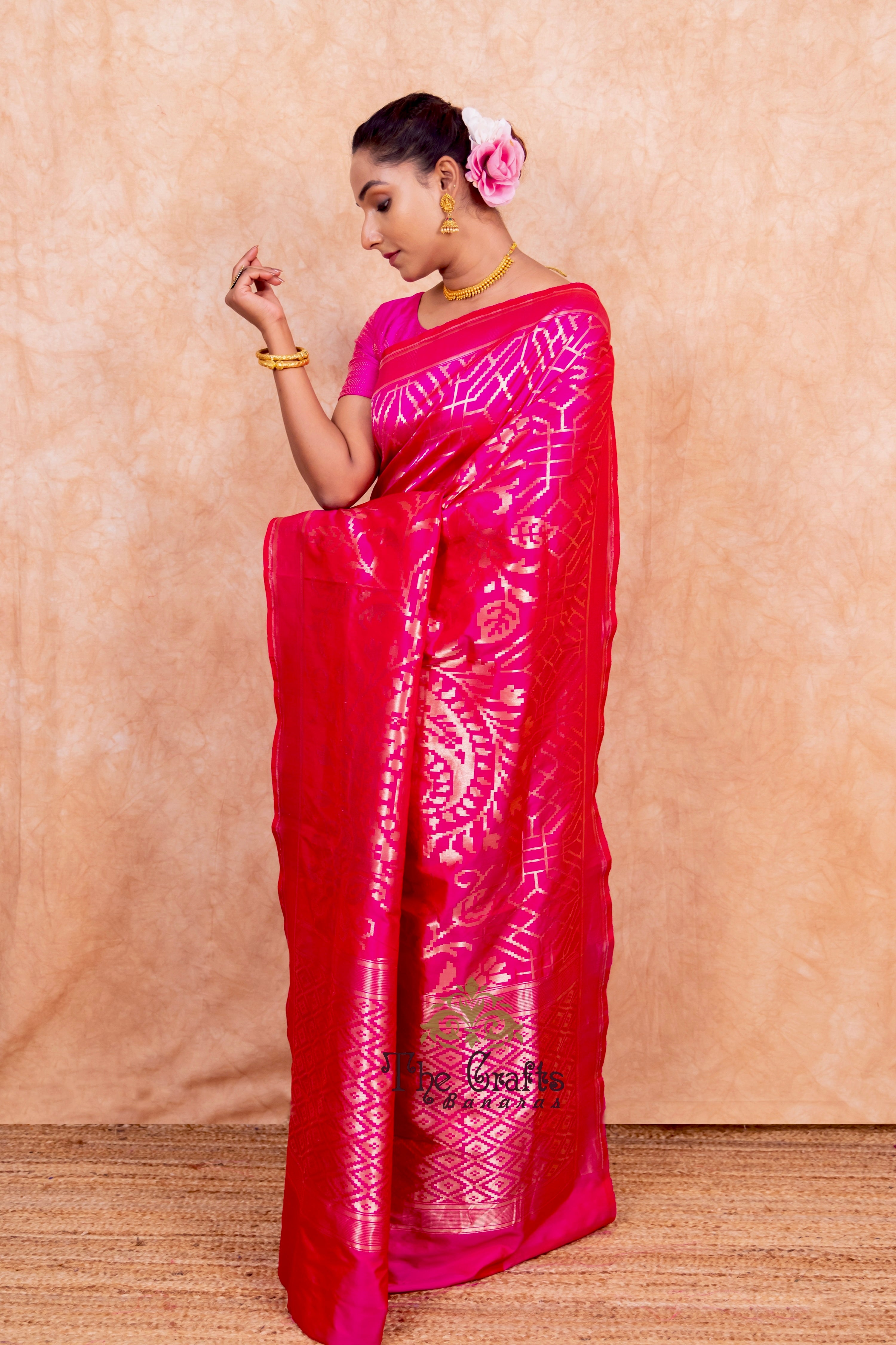 Hot Pink Pure Katan Silk Handloom Banarasi Saree - Jangla