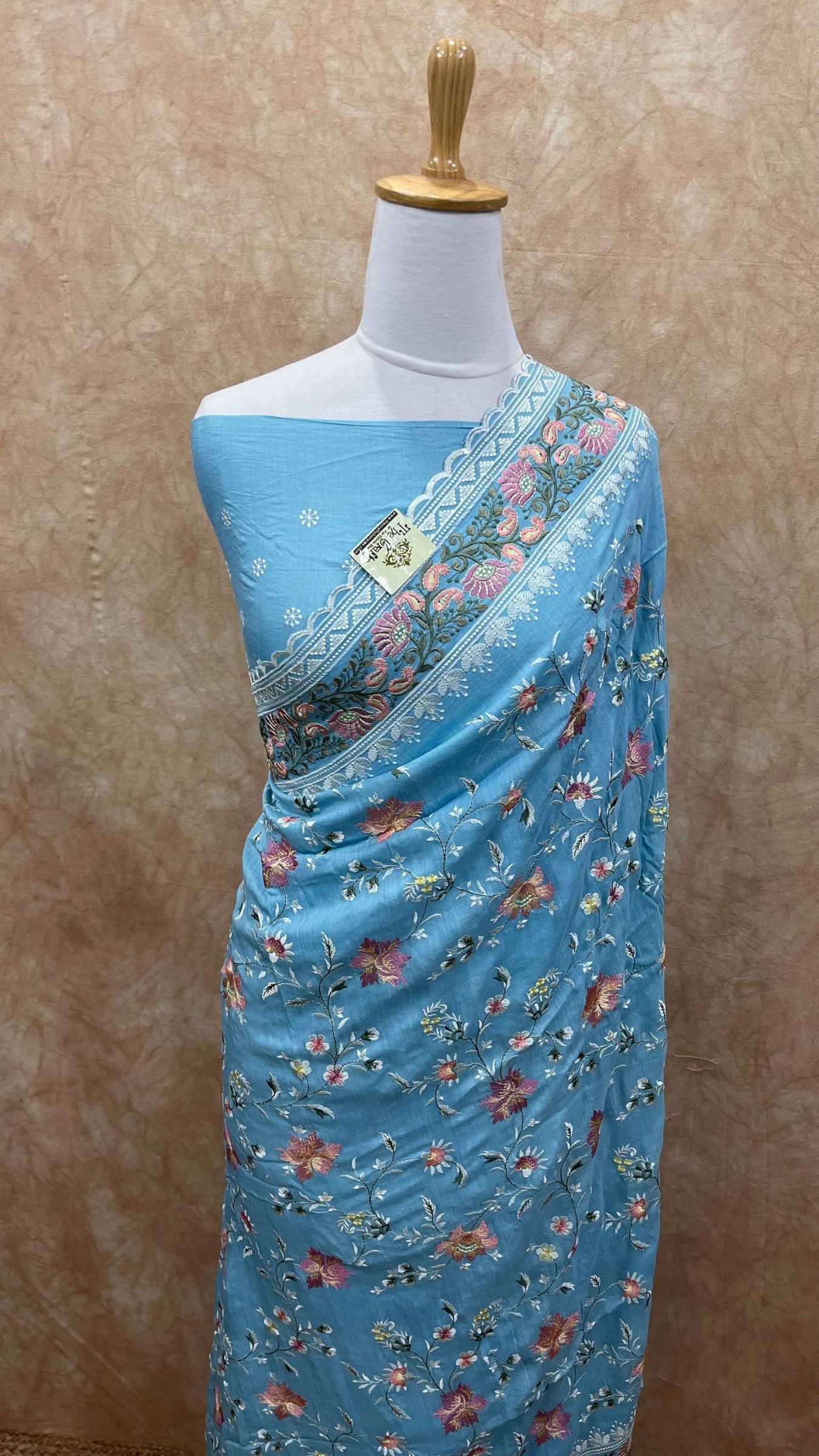 Pure Munga Silk Banarasi Saree - Chikankari all over