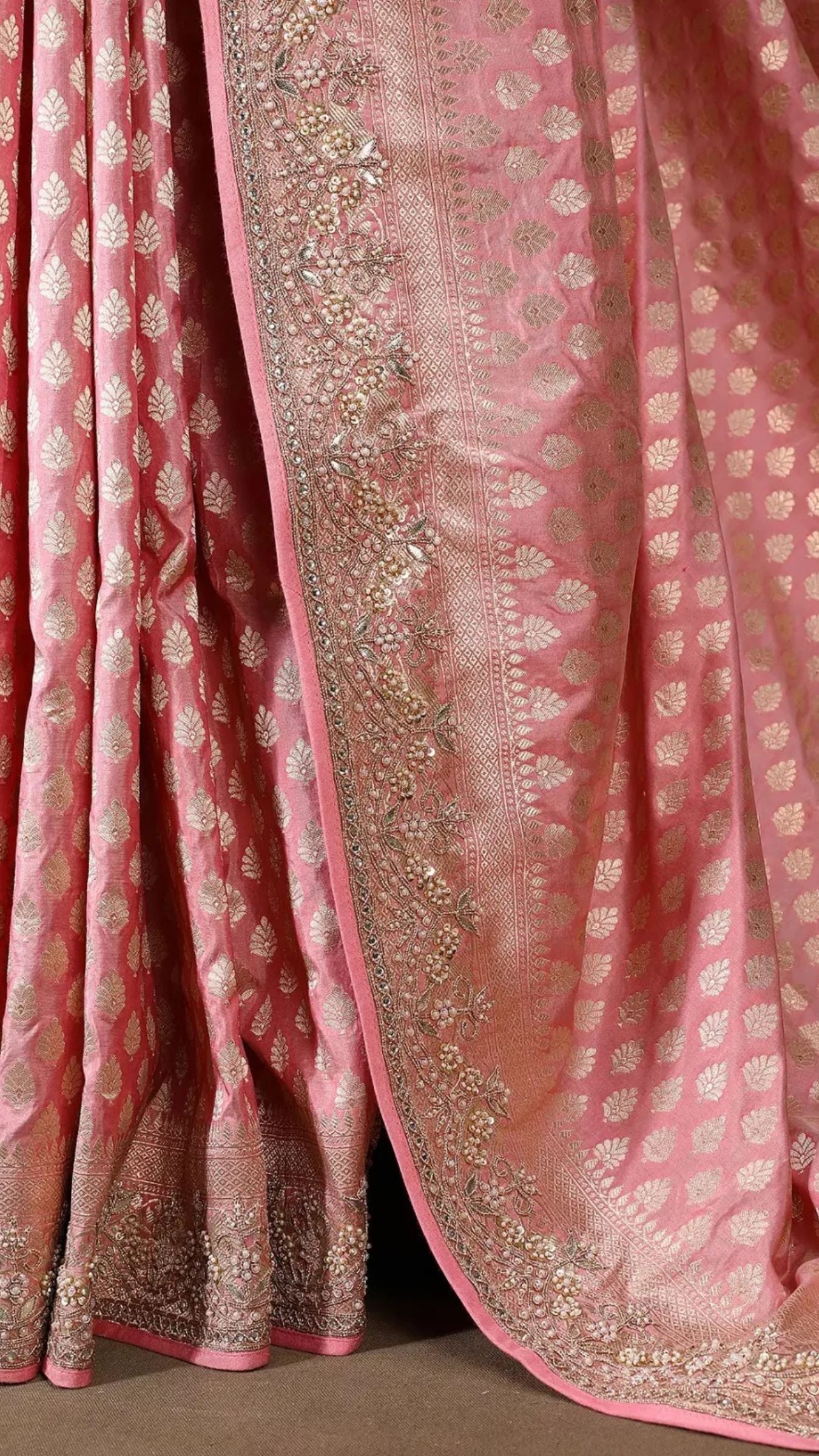 Pure Katan Silk Handloom Banarasi Saree - Jaal work with Handwork Zardozi Cut Dana and Stone Work
