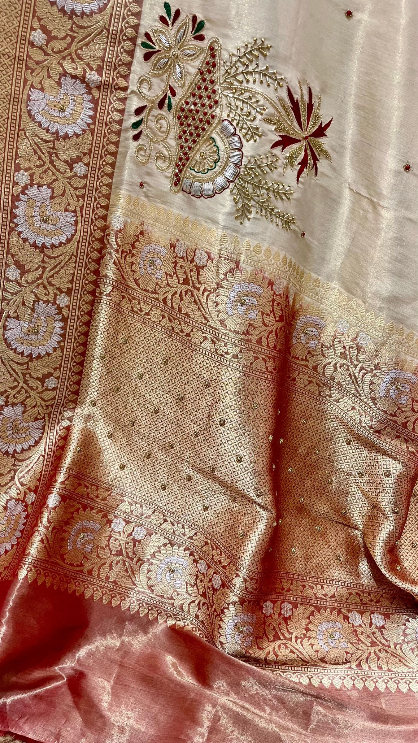Pure Tissue Silk Handloom Banarasi Saree - Katan Sona Rupa Border with Zardozi Meena Cut Dana work