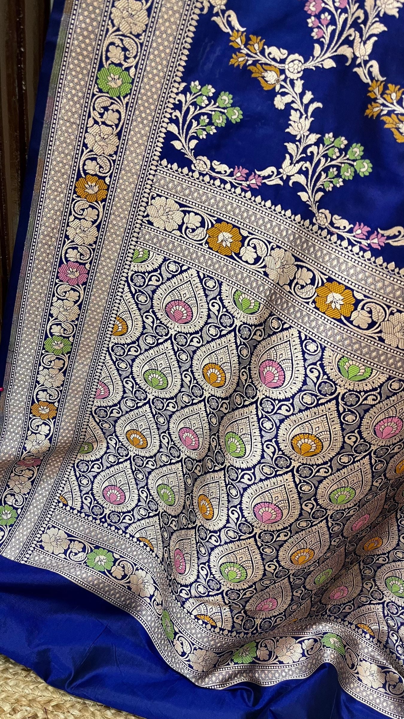 Pure Katan Silk Handloom Banarasi Saree - Jaal With Meenakari