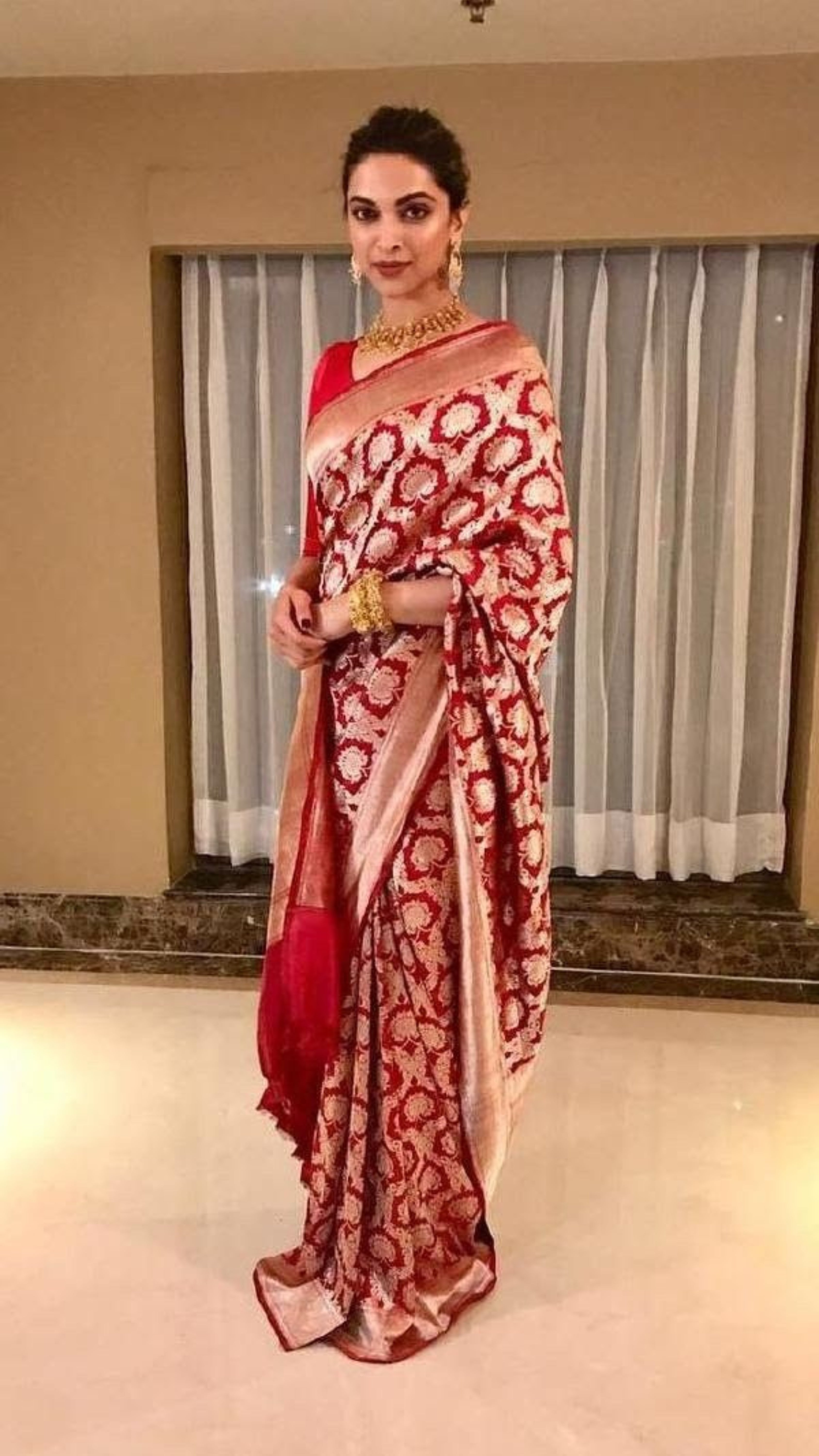 Deepika Padukone in Pure Katan Silk Handloom Banarasi Saree - Jaal work