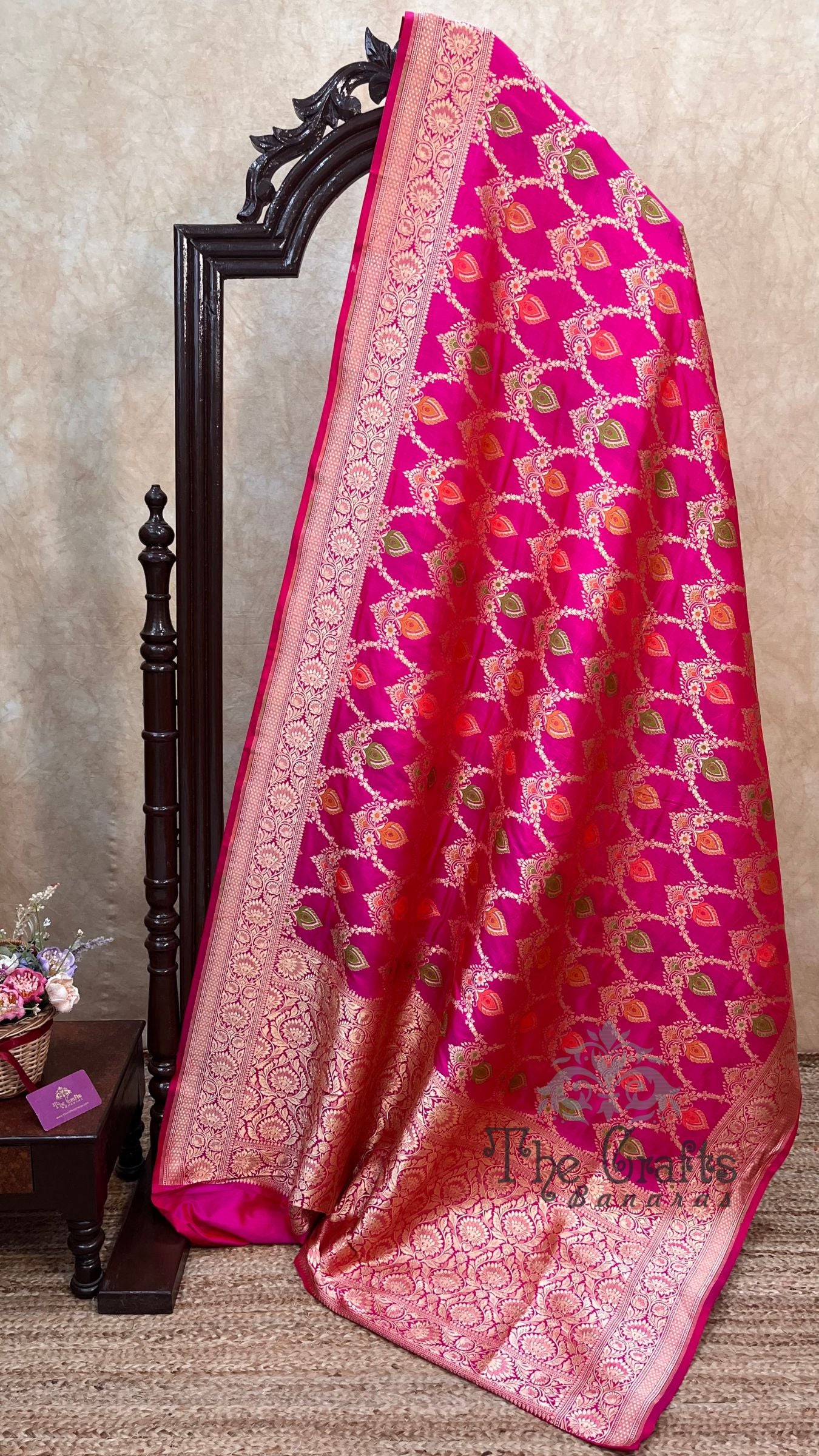 Pure Katan Silk Handloom Banarasi Saree - Jaal With Meenakari