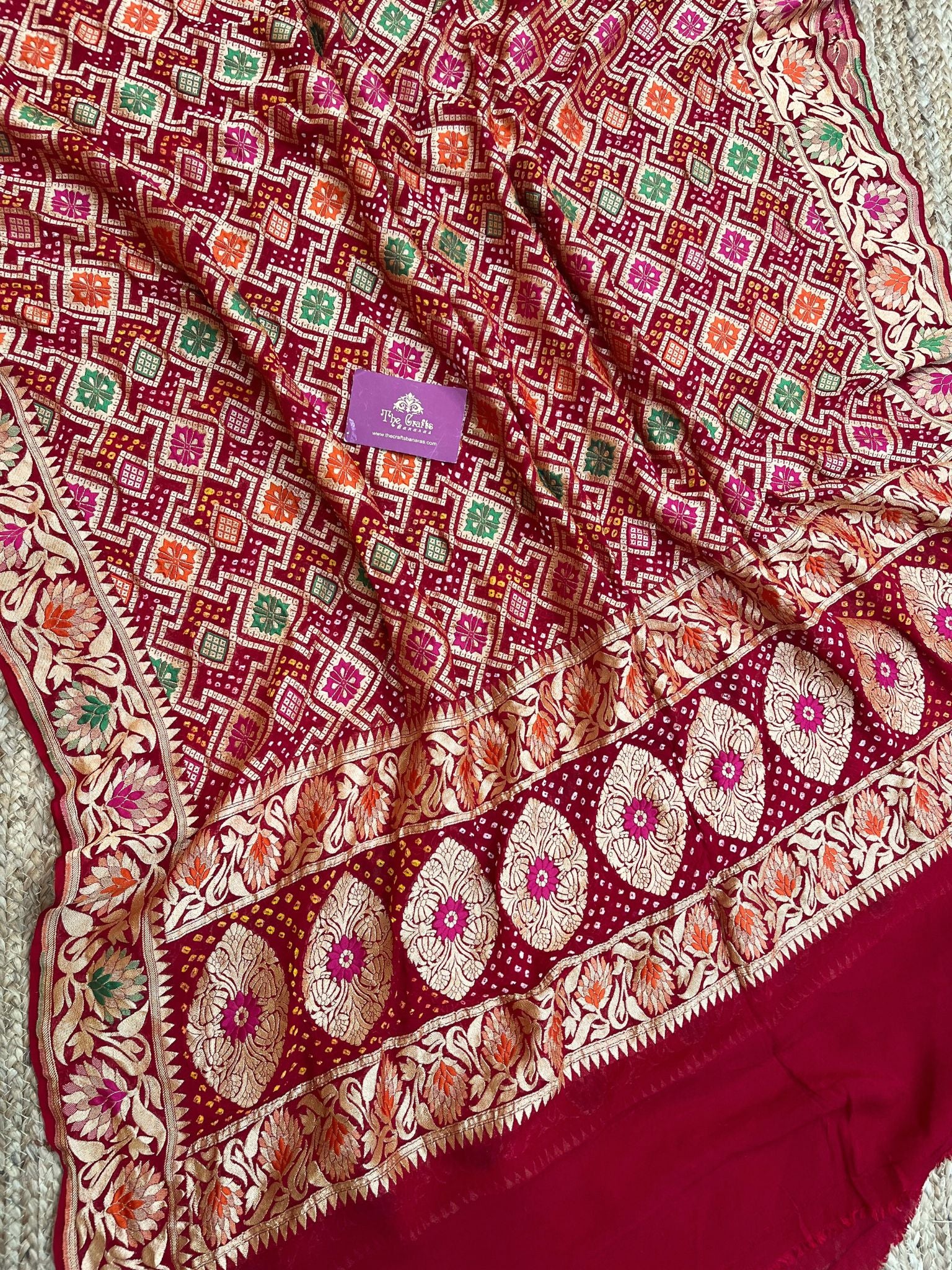 Khaddi Georgette Banarasi Handloom Bandhej Dupatta - Meenakari