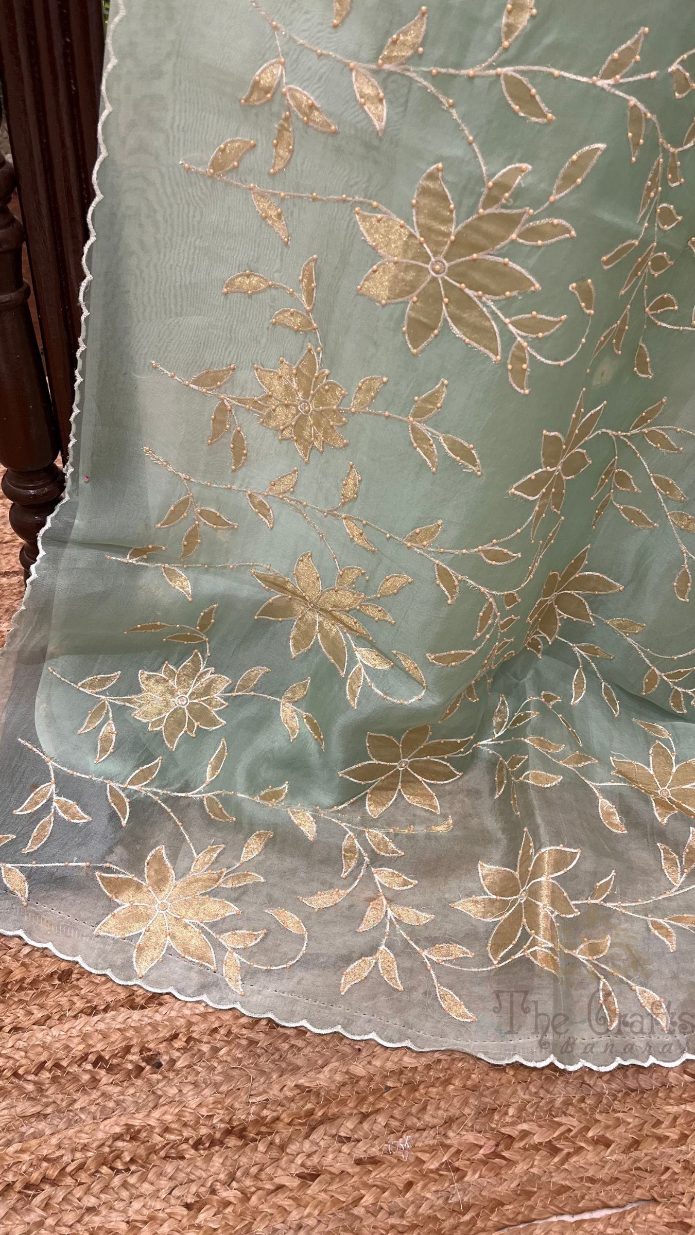 Pure Kora Organza Silk Banarasi Saree -  Applique work with Handwork Motifs