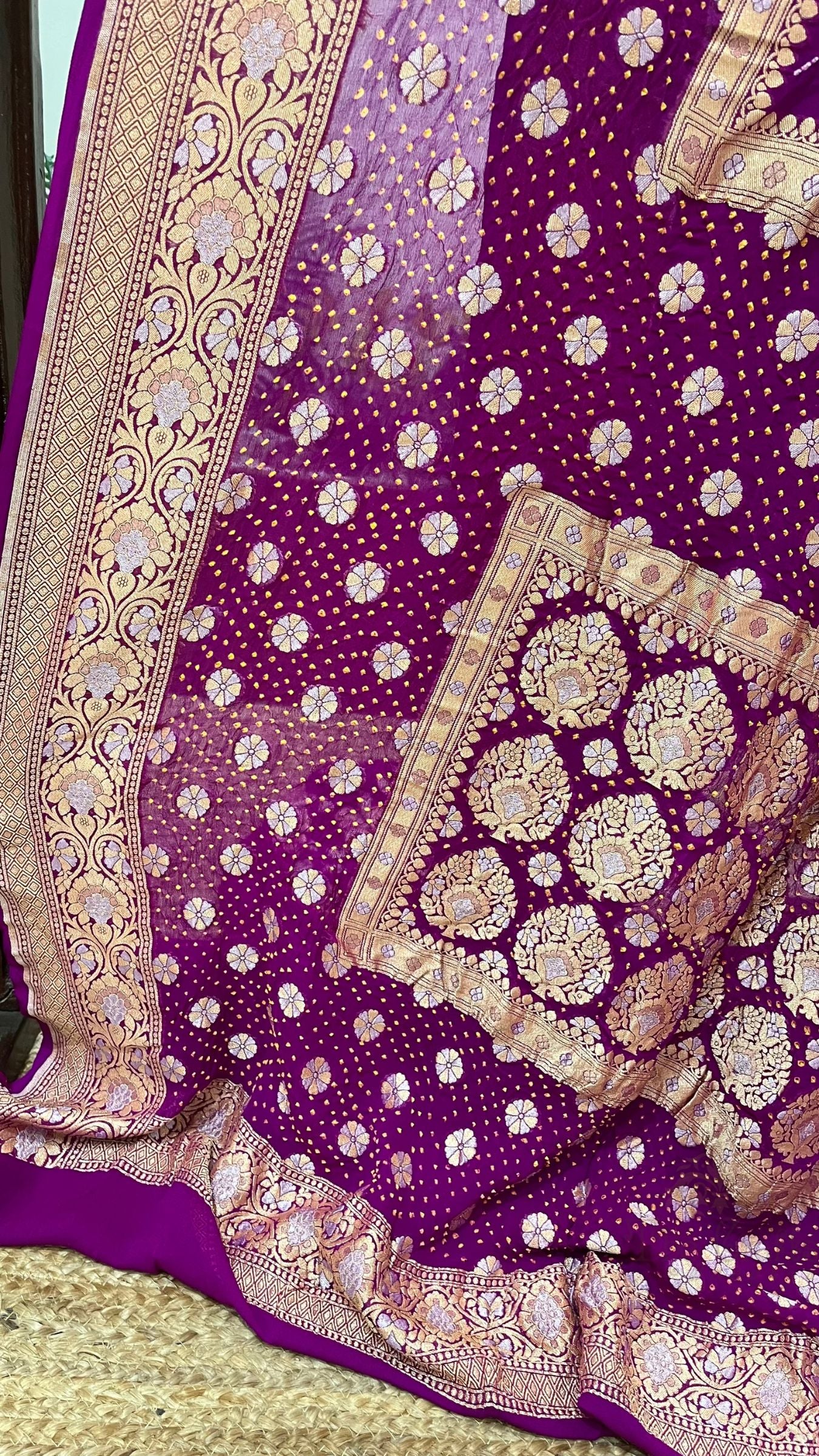 Pure Georgette Banarasi Handloom Bandhej Saree - All over Sona rupa Jaal work