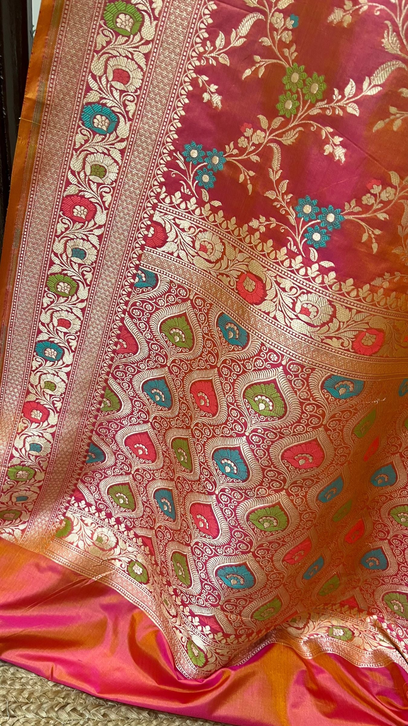 Pure Katan Silk Handloom Banarasi Saree - Jaal With Meenakari