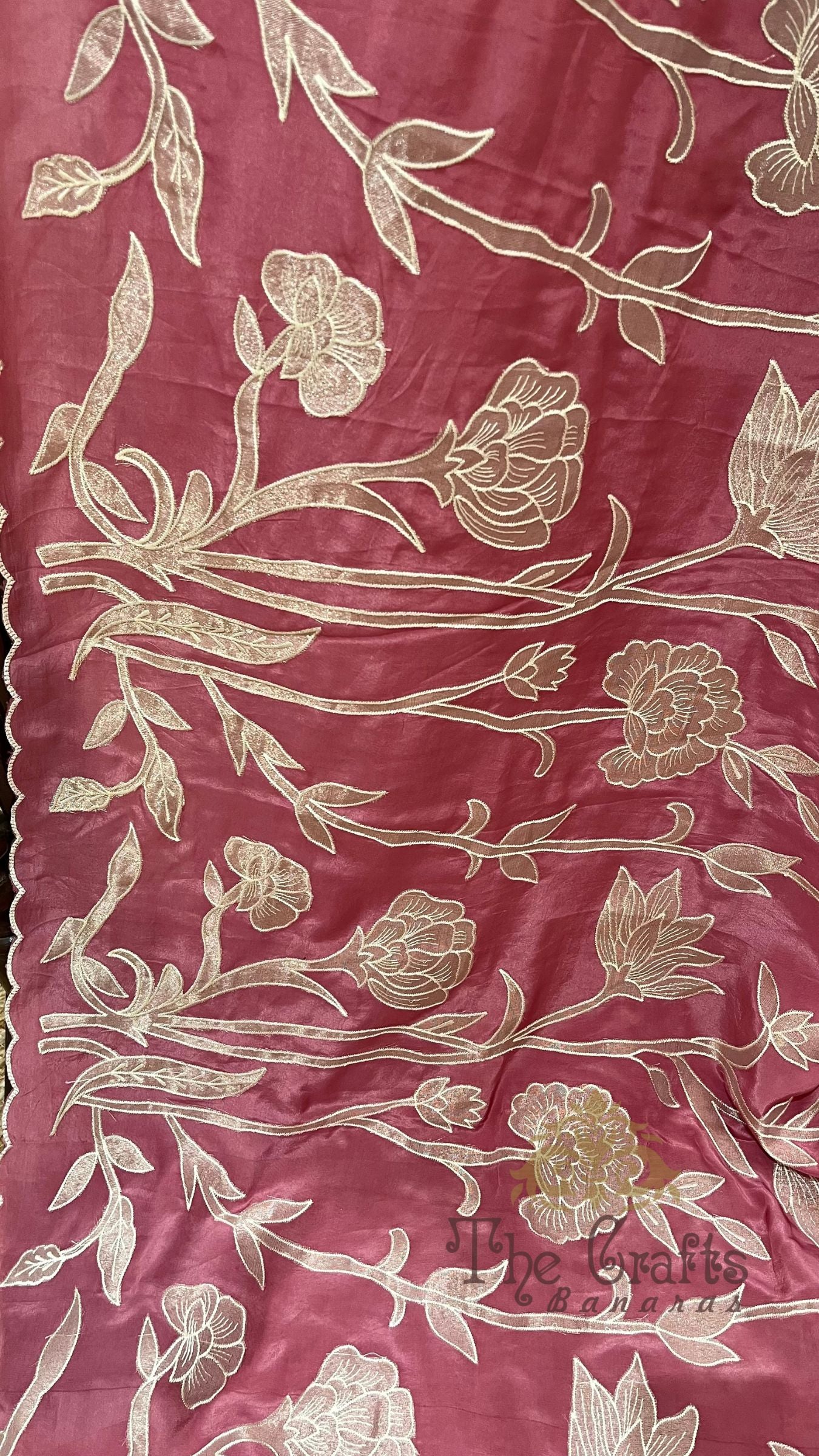 Pure Crepe Silk Banarasi Saree - Floral Appliqué Work