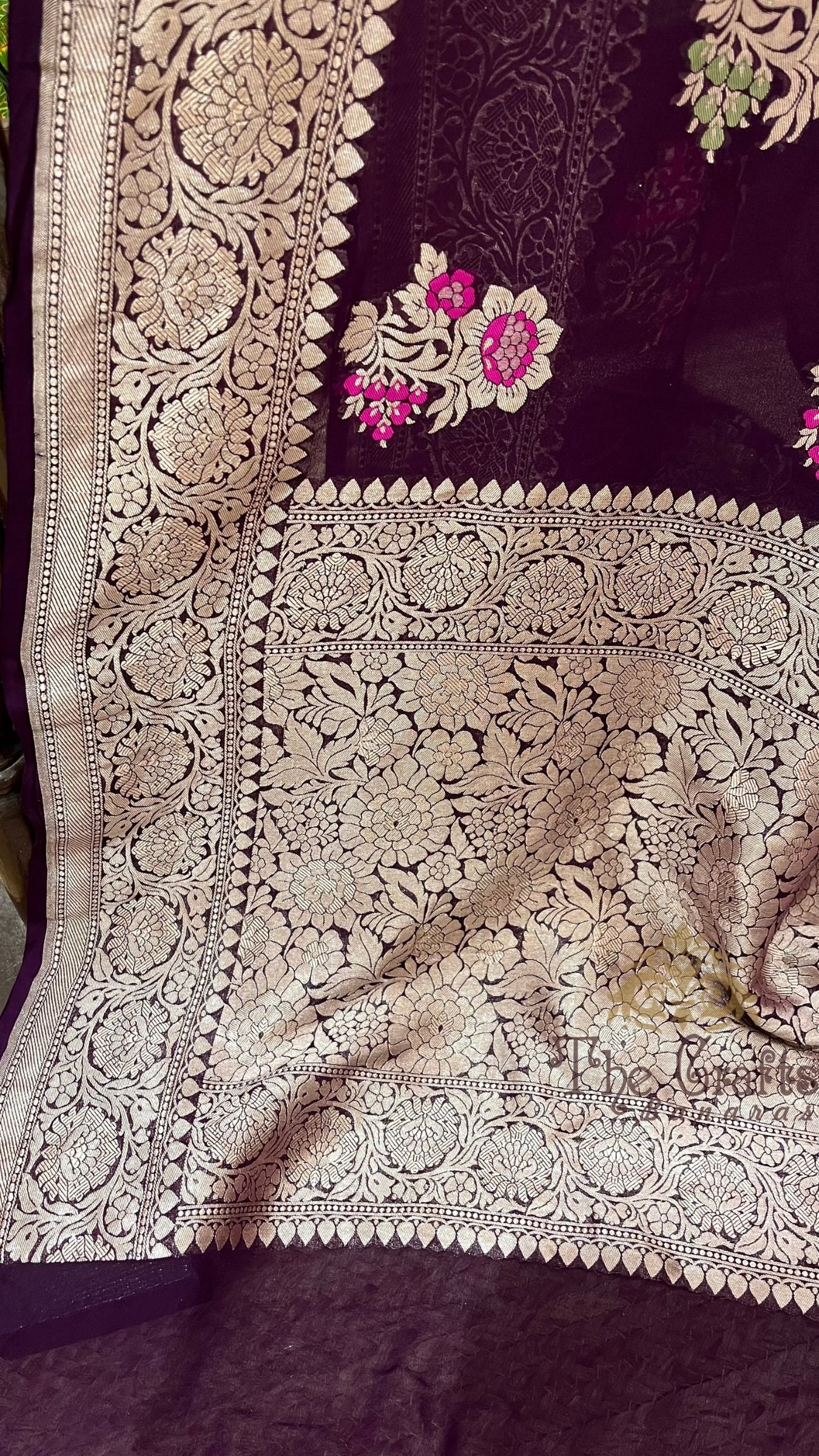 Khaddi Georgette Handloom Banarasi Saree - Jaal with Meenakari