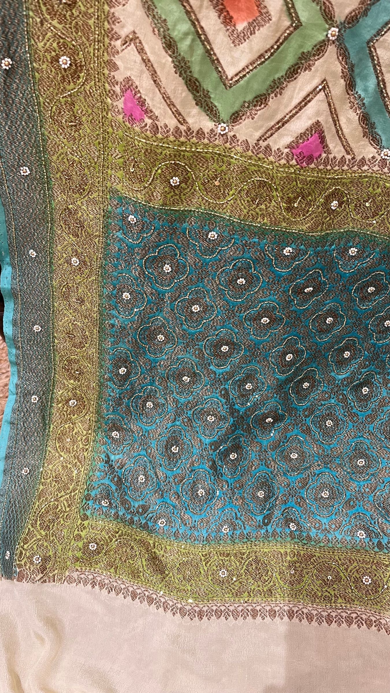 Pure Crepe Georgette Handloom Banarasi Saree - Antique Zari with Cut Dana & Motifs Handwork