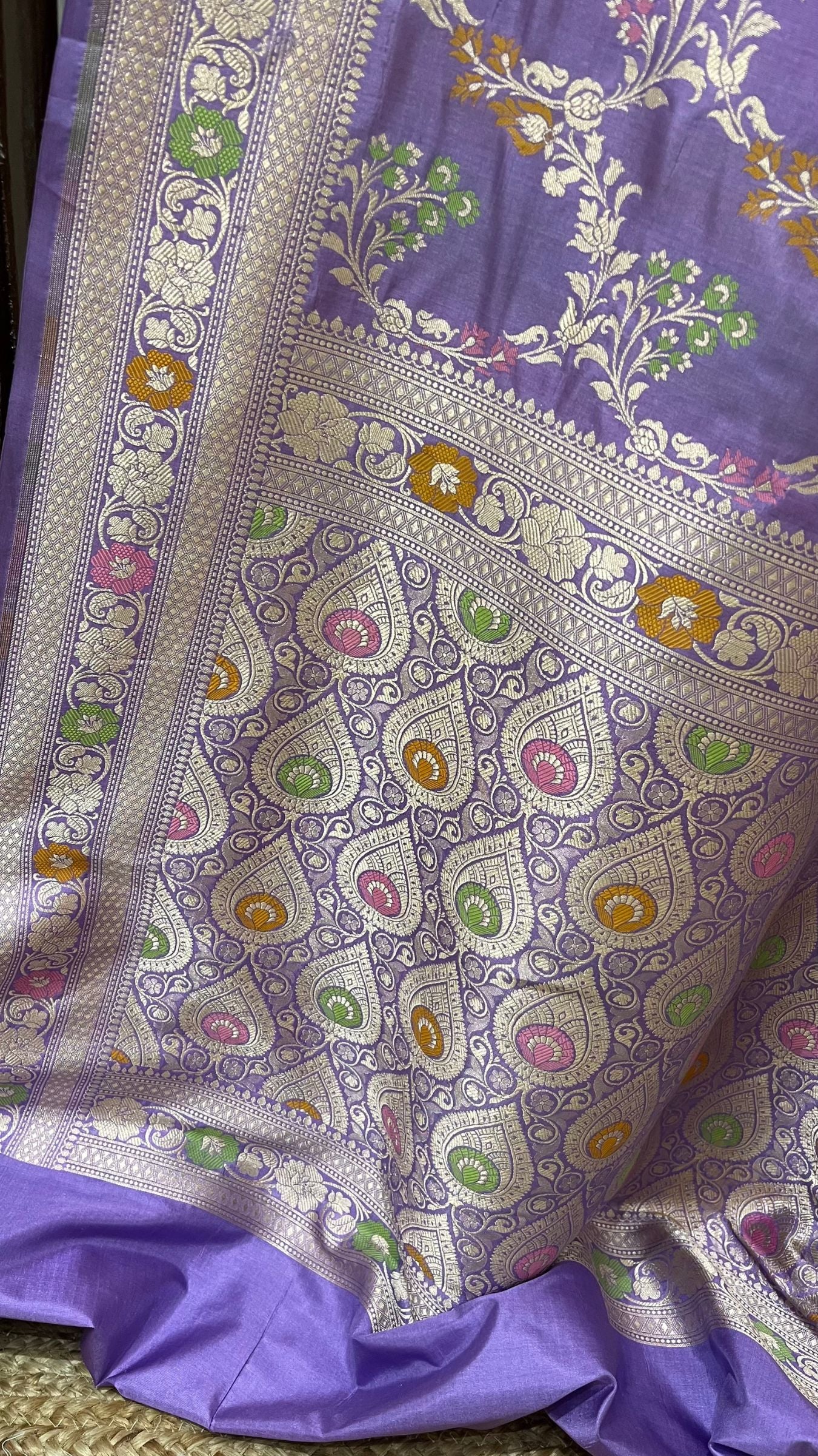 Pure Katan Silk Handloom Banarasi Saree - Jaal With Meenakari