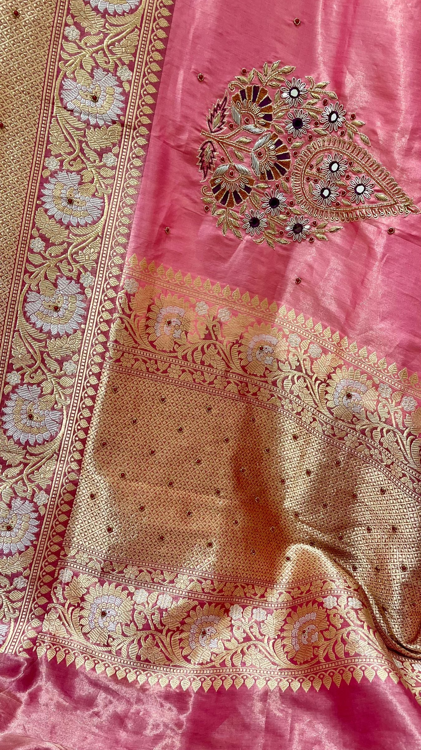 Pure Tissue Silk Handloom Banarasi Saree - Katan Sona Rupa Border with Zardozi Meena Cut Dana work