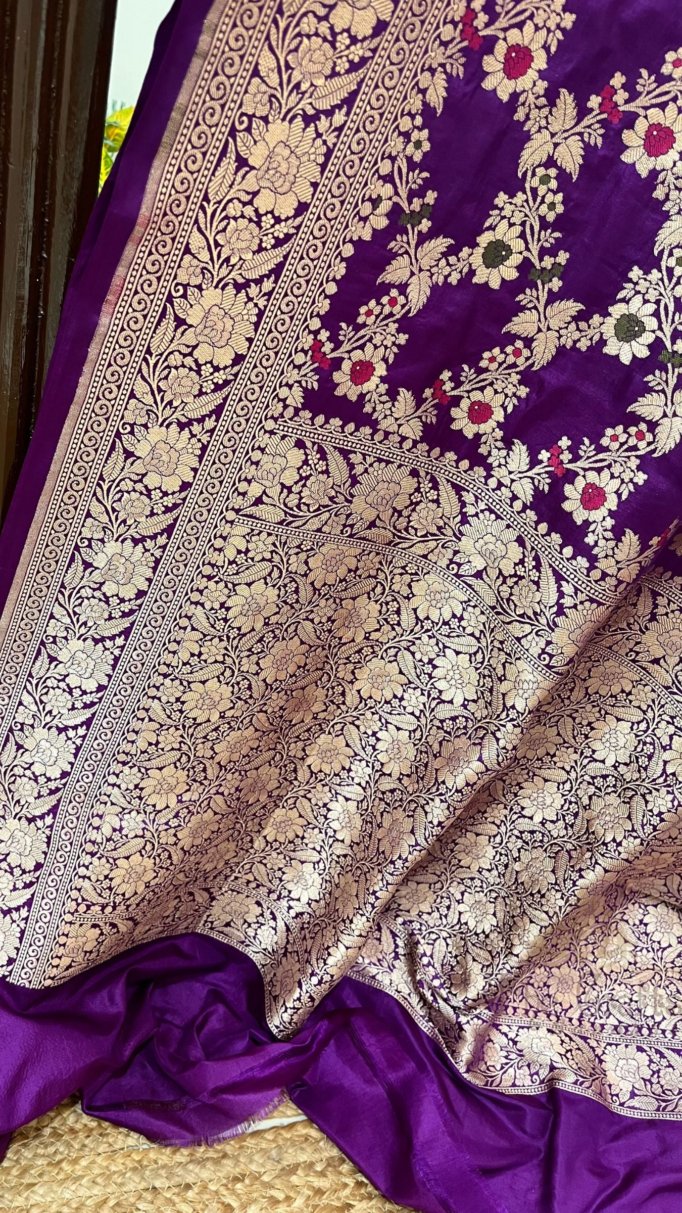 Pure Katan Silk Handloom Banarasi Saree - Jaal With Meenakari
