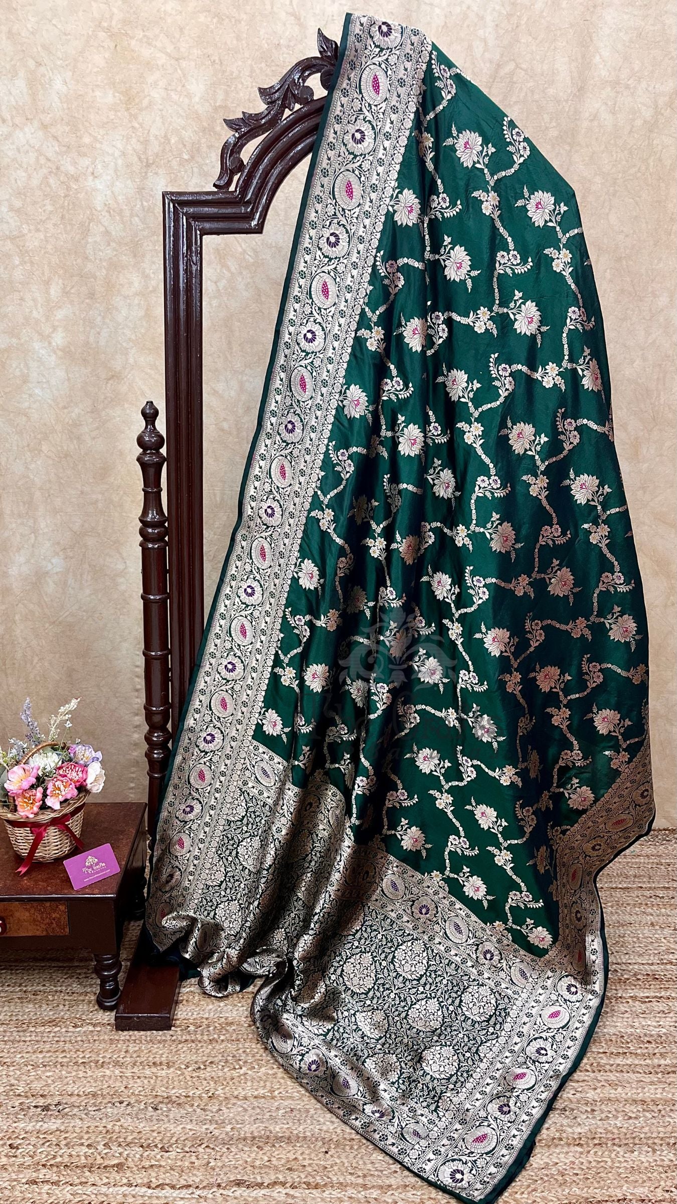 Pure Katan Silk Handloom Banarasi Saree - Jaal With Meenakari
