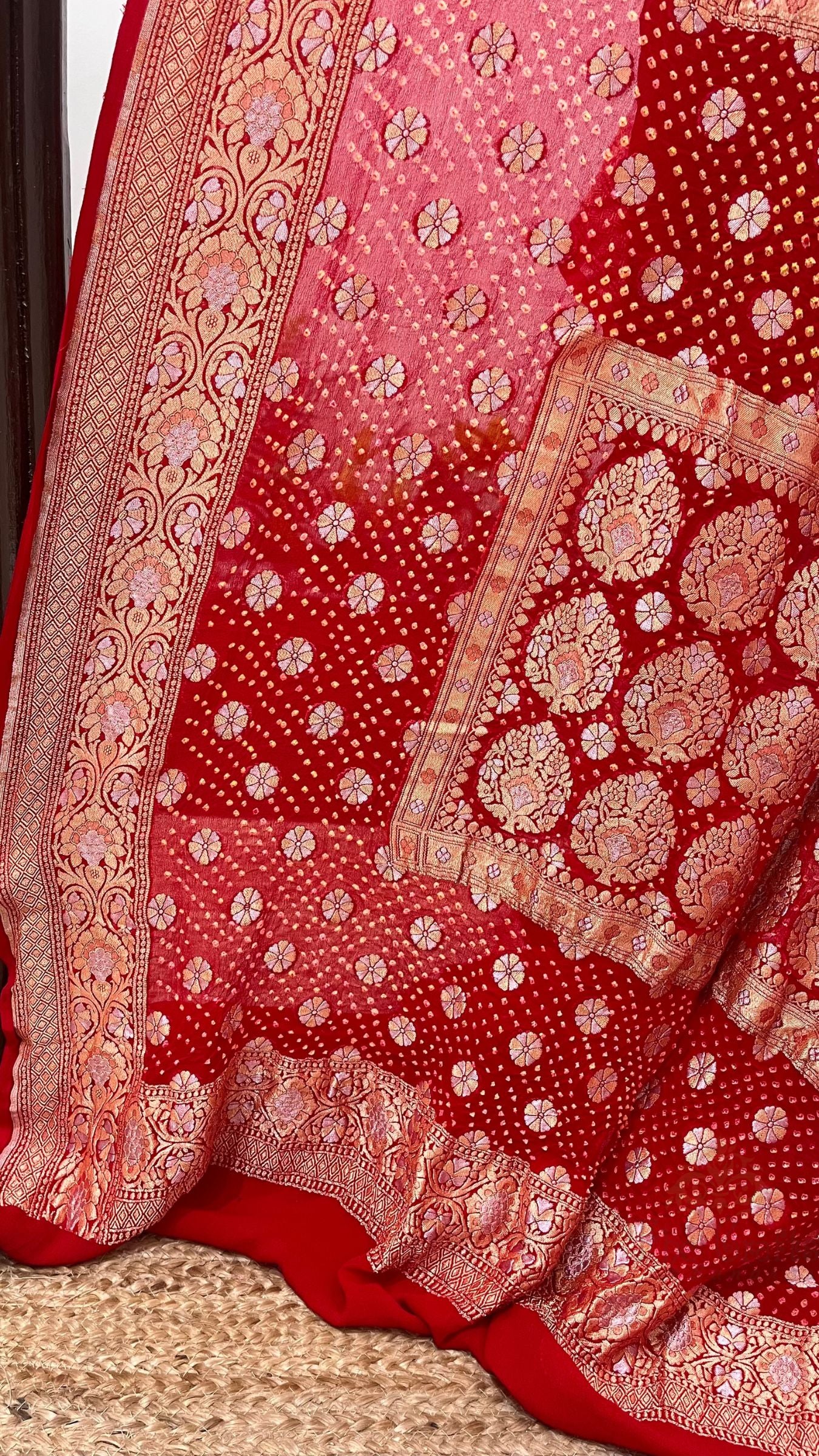 Pure Georgette Banarasi Handloom Bandhej Saree - All over Sona rupa Jaal work