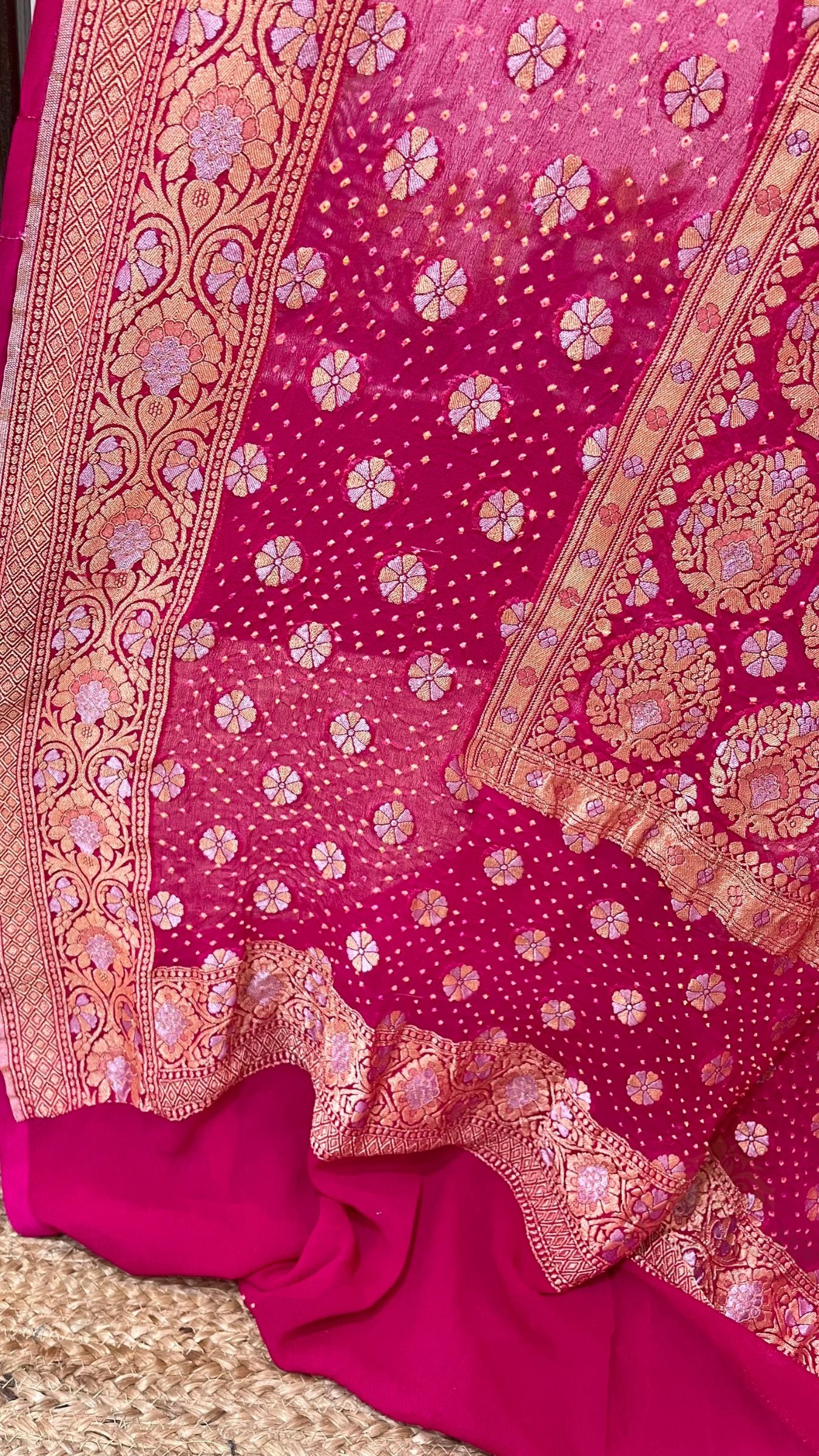 Pure Georgette Banarasi Handloom Bandhej Saree - All over Sona rupa Jaal work