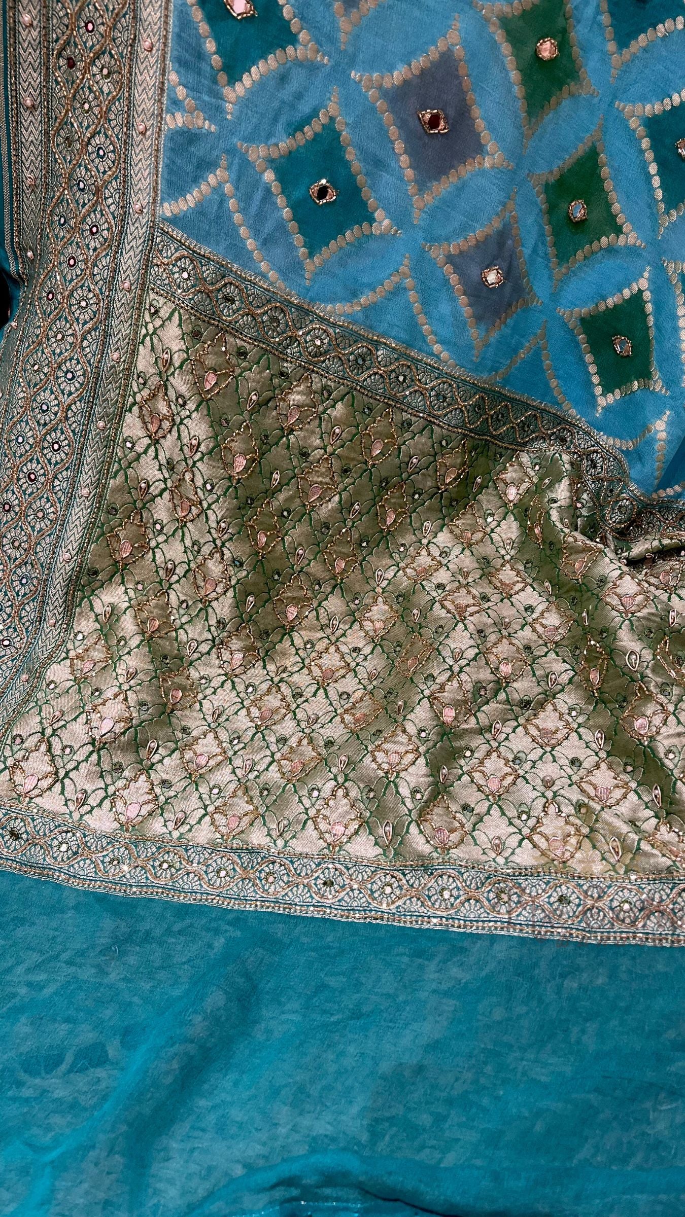 Pure Khaddi Georgette Handloom Banarasi Saree- Handwork Gota Patti Zardozi Mirror Cut Dana and Stone Work