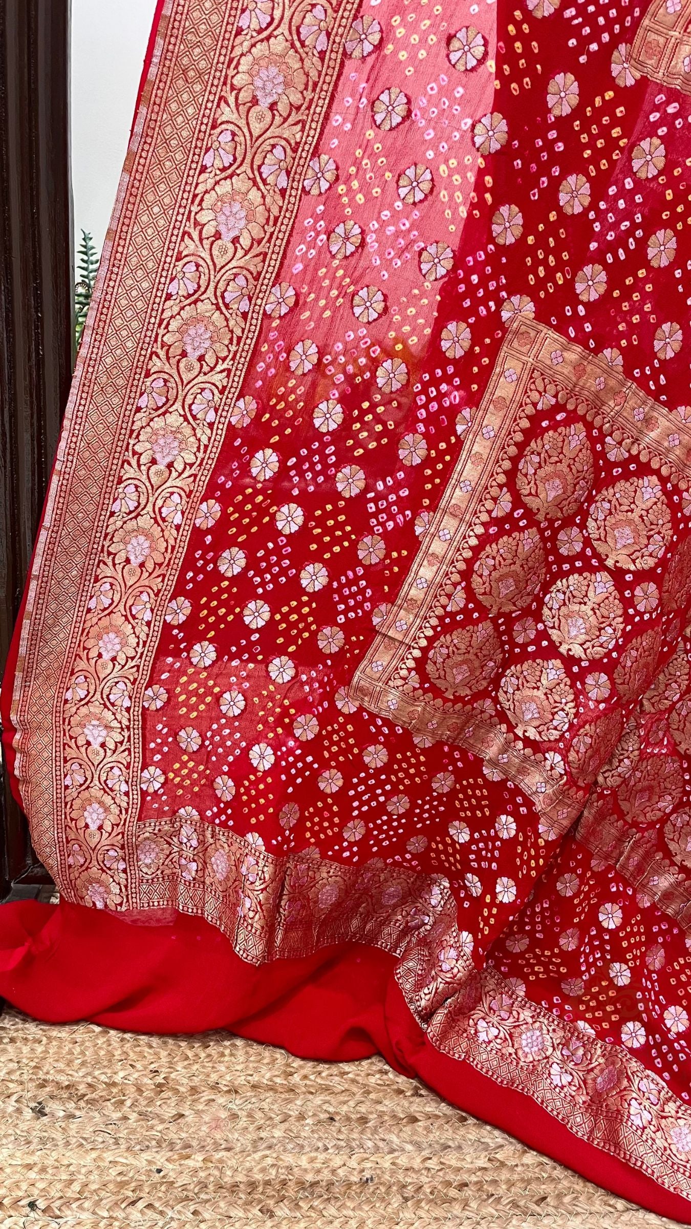 Pure Georgette Banarasi Handloom Bandhej Saree - All over Sona rupa Jaal work