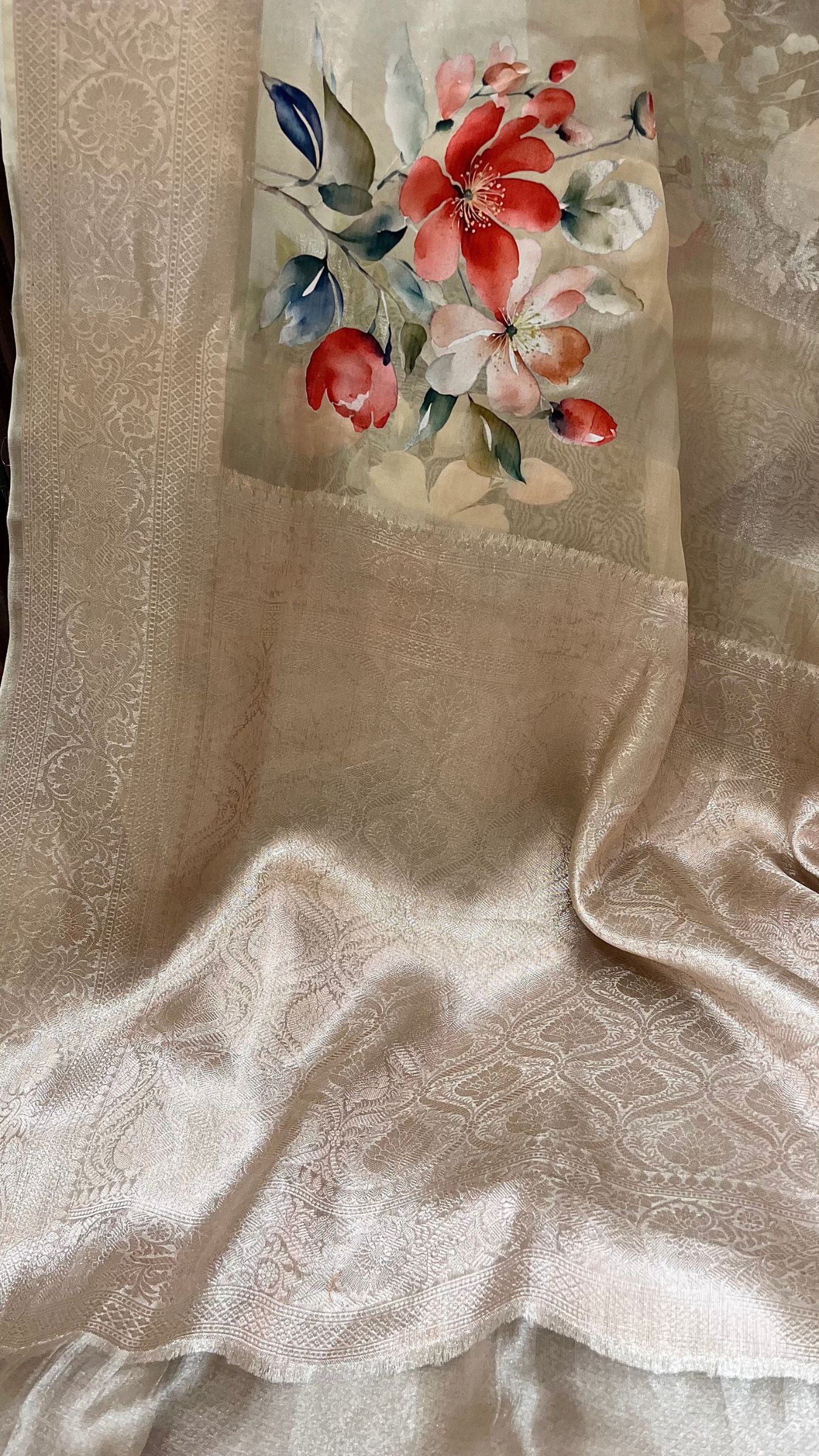 Pure Kora  Tissue Silk Banarasi Saree - with Digital Print