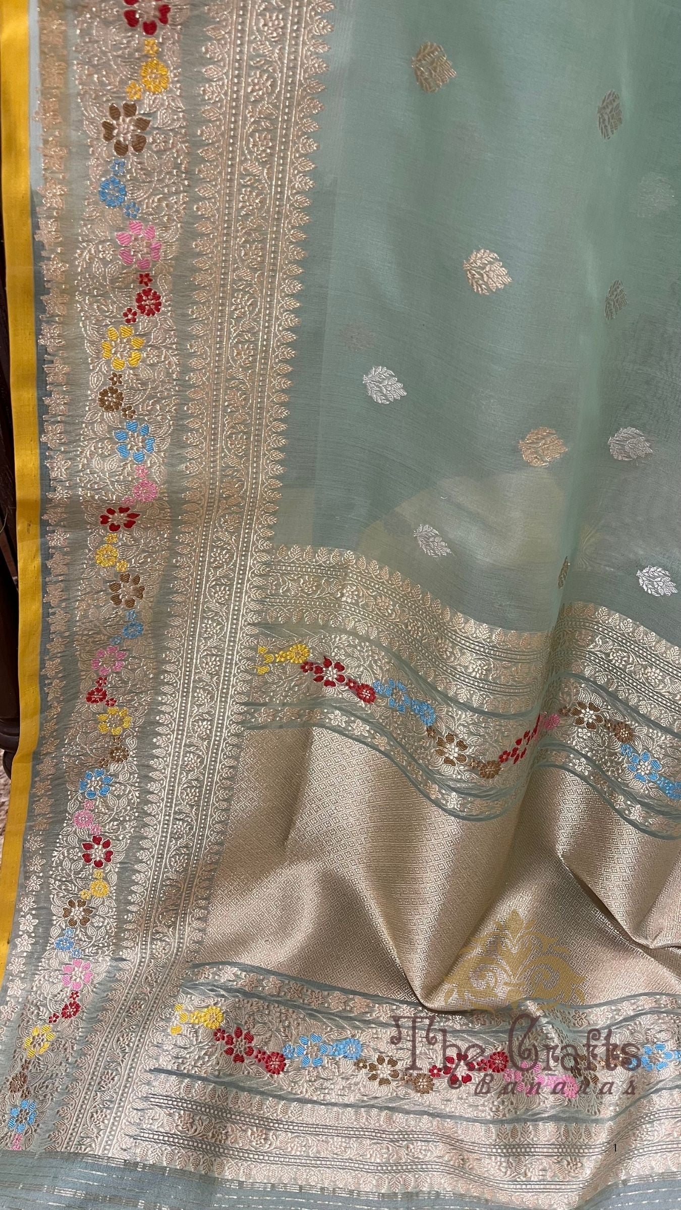 Pure Kora Silk Handloom Banarasi Saree - Kadhua Sona Rupa Bootis with Meenakari Border