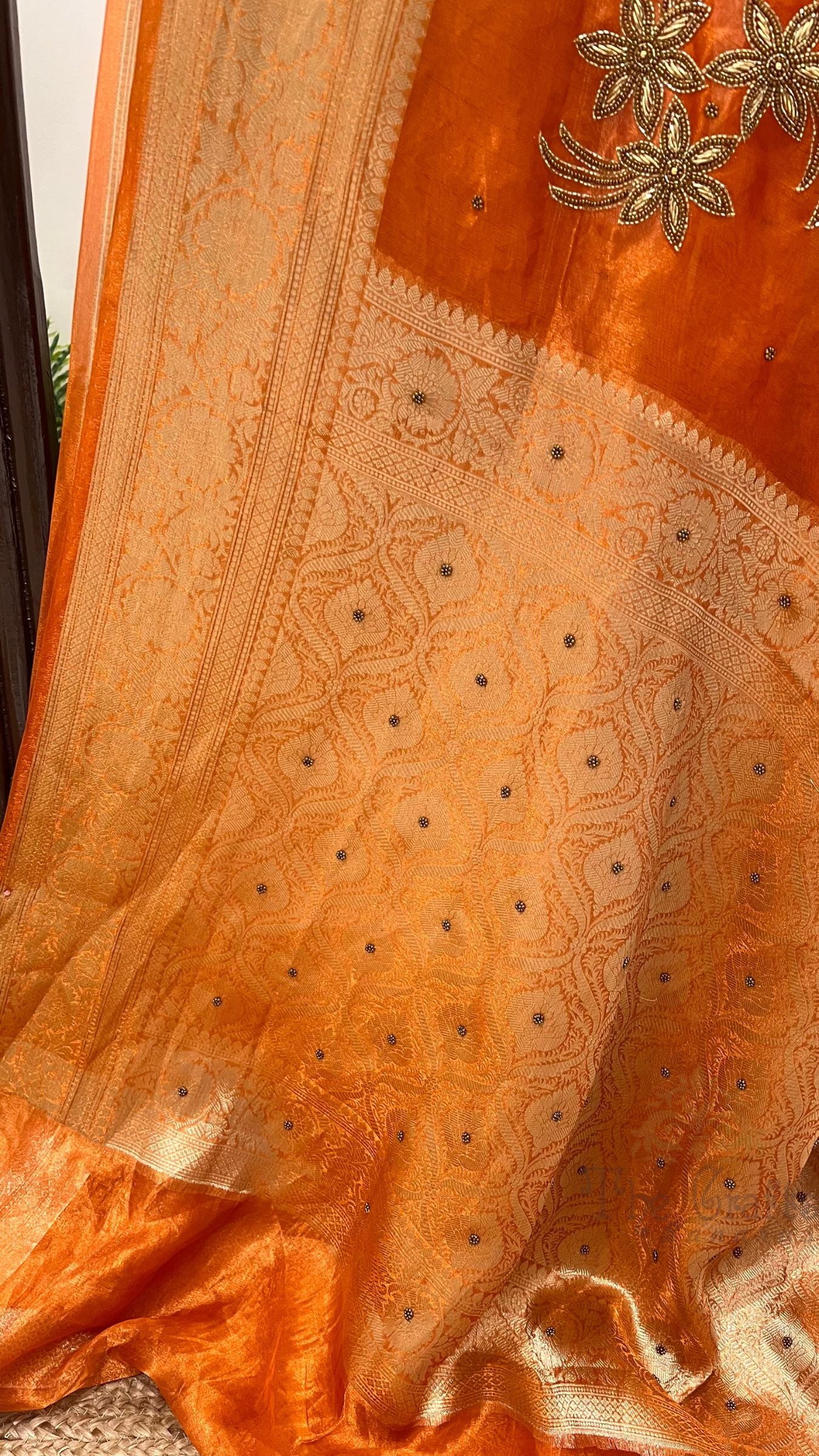 Pure Kora Silk Handloom Banarasi Saree - Handwork Zardozi Cut Dana and Stone Work