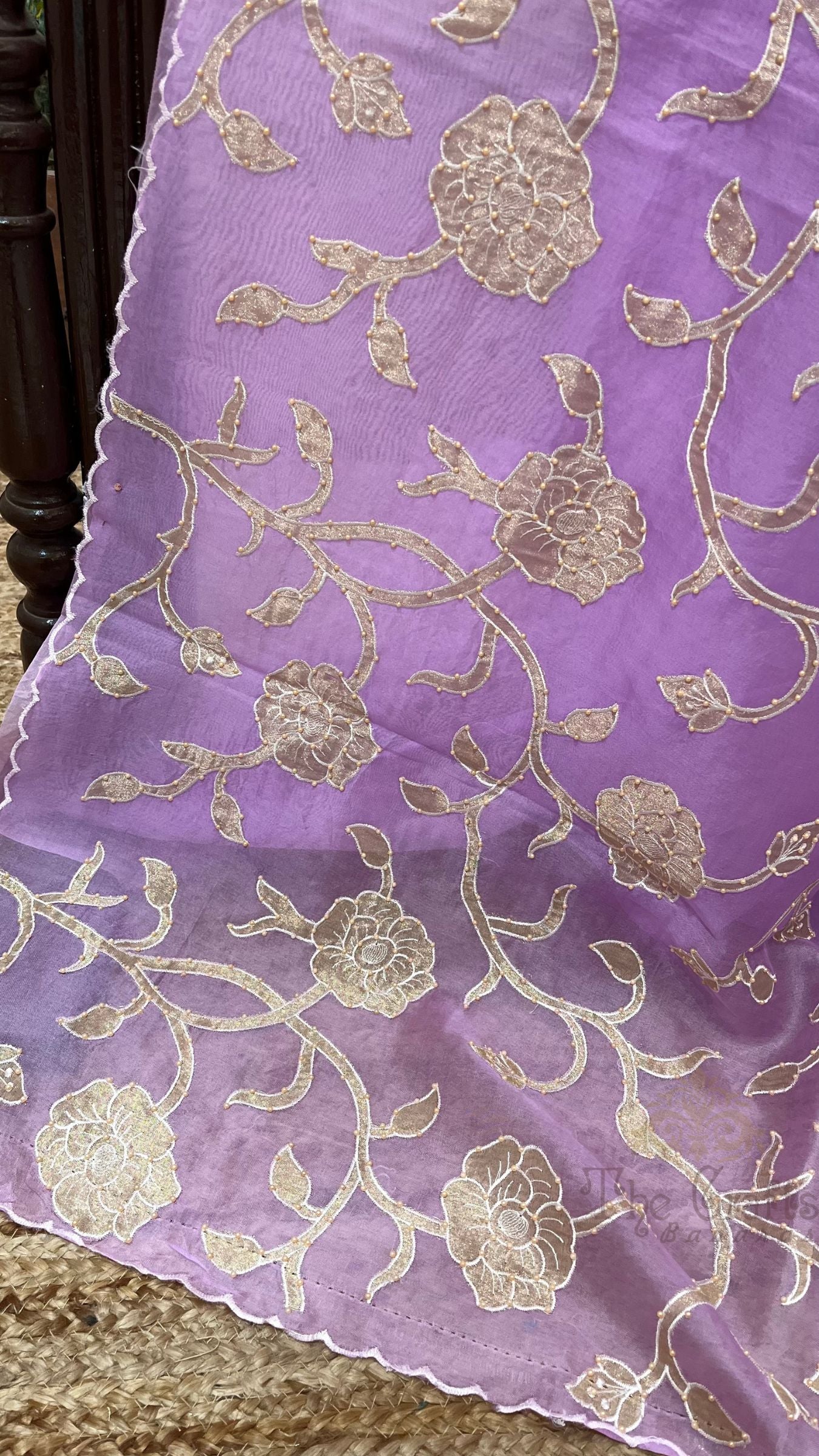 Pure Kora Organza Silk Banarasi Saree -  Applique work with Handwork Motifs