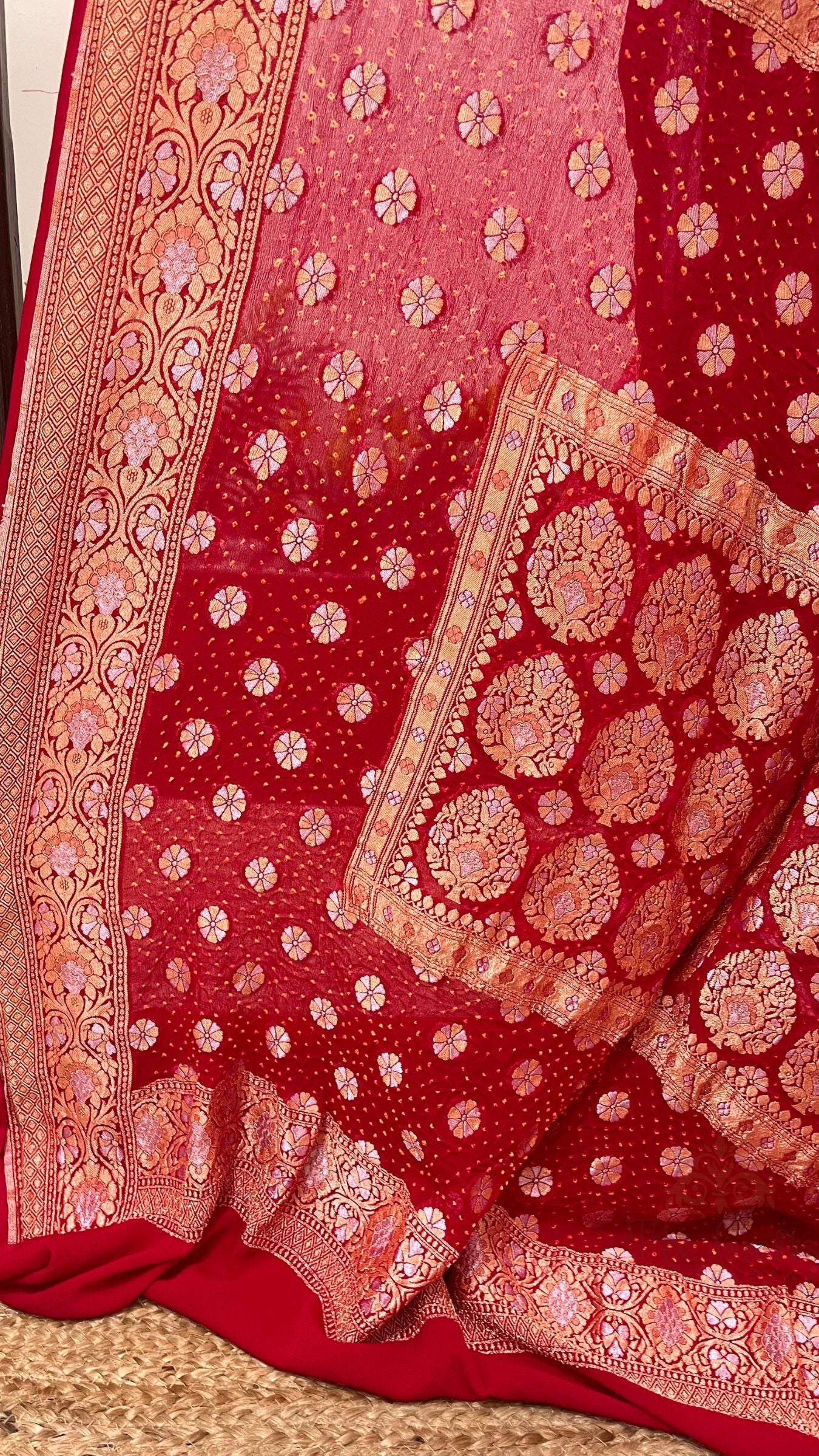 Pure Georgette Banarasi Handloom Bandhej Saree - All over Sona rupa Jaal work