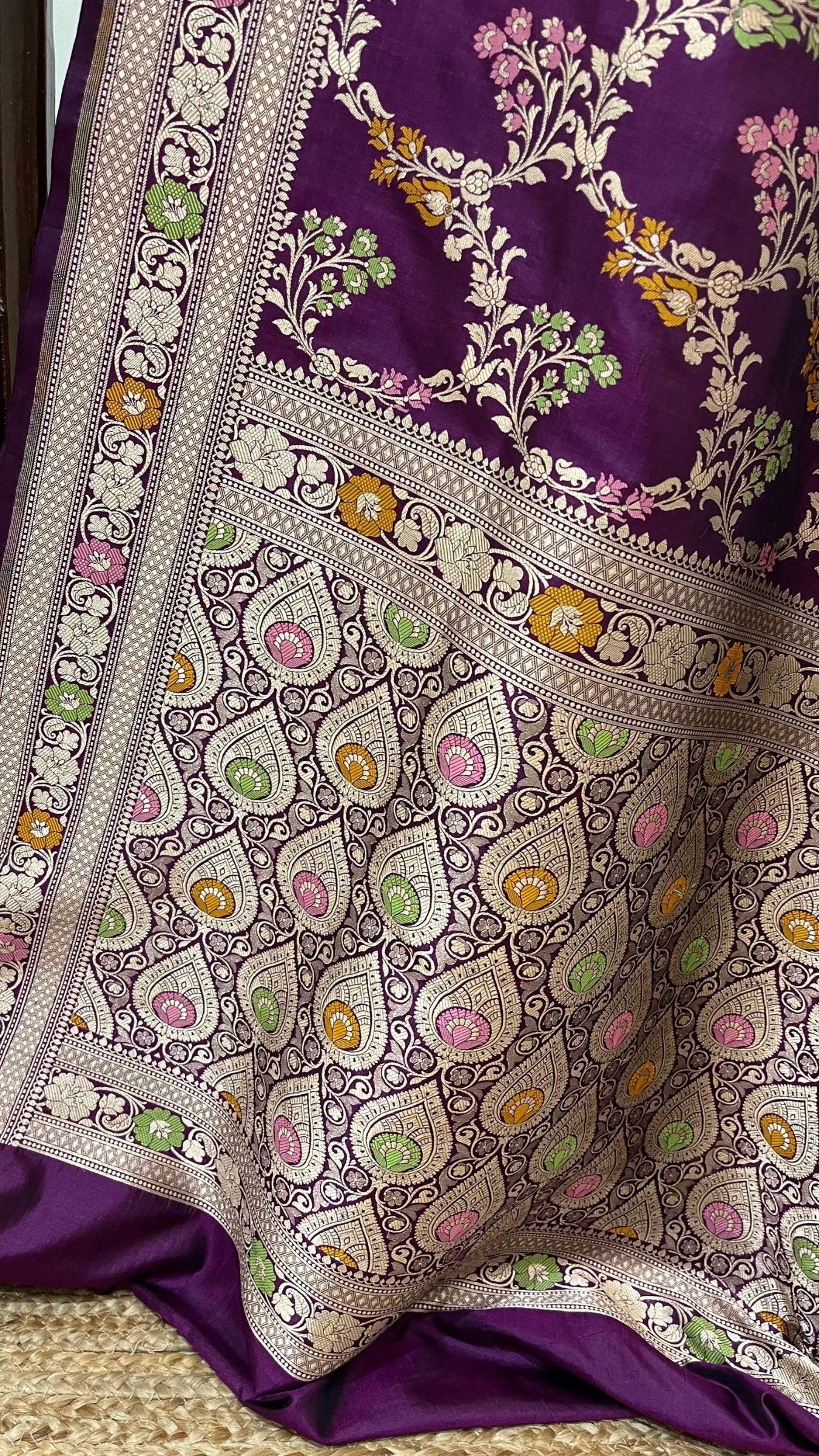 Pure Katan Silk Handloom Banarasi Saree - Jaal With Meenakari