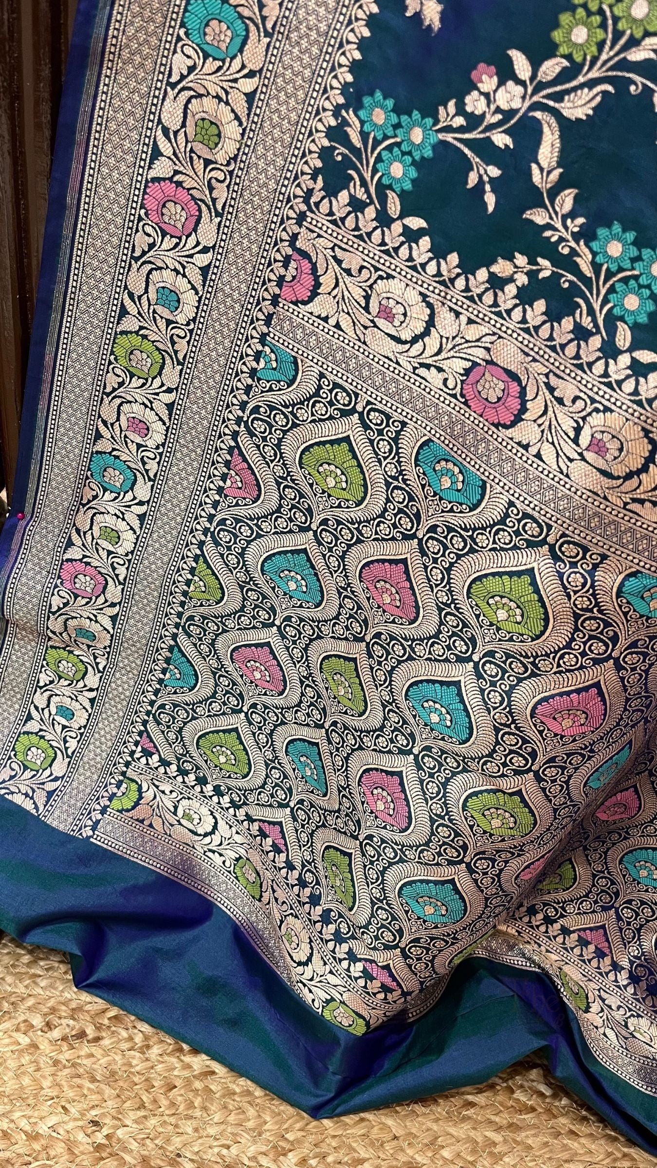 Pure Katan Silk Handloom Banarasi Saree - Jaal With Meenakari