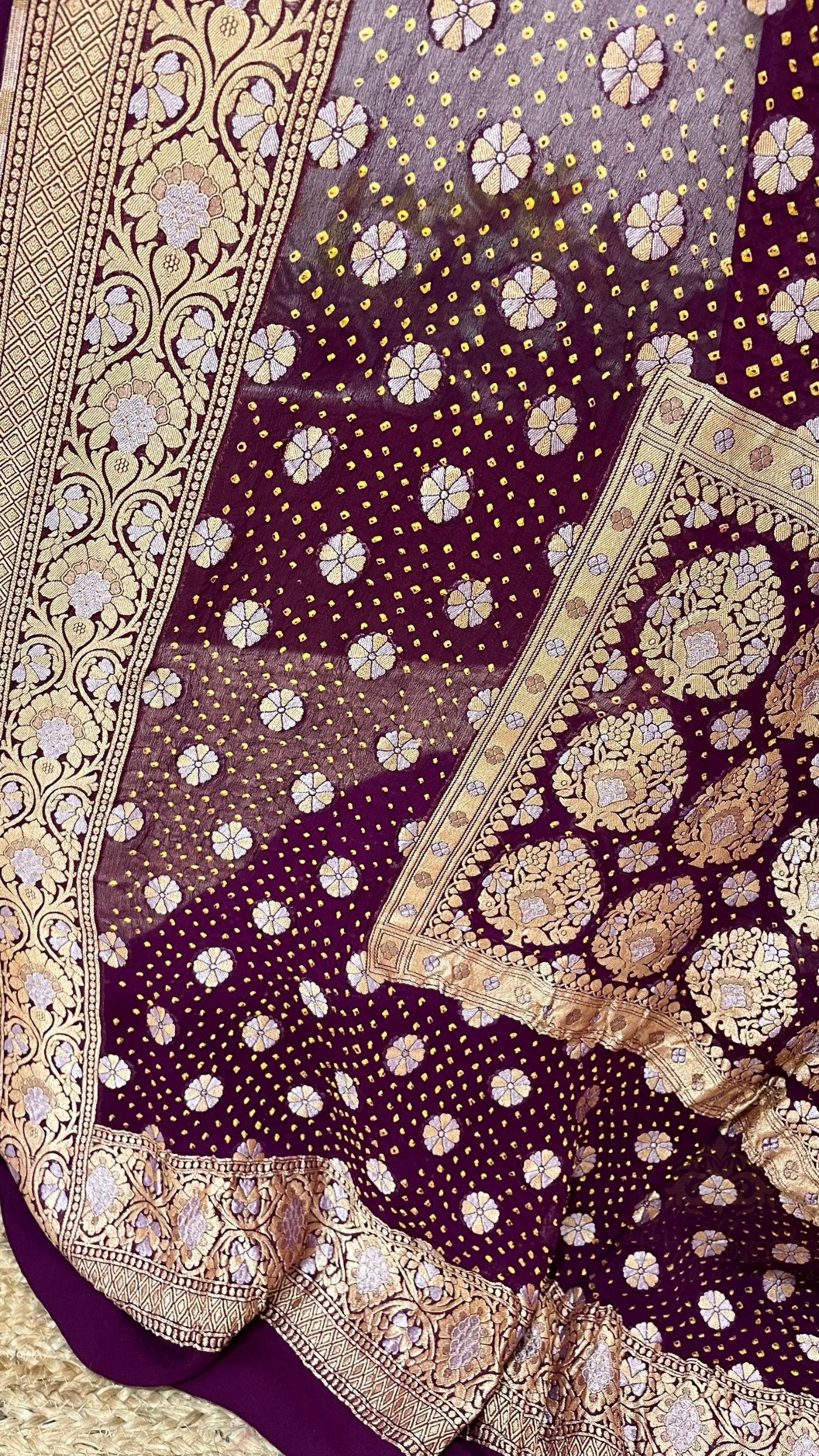 Pure Georgette Banarasi Handloom Bandhej Saree - All over Sona rupa Jaal work