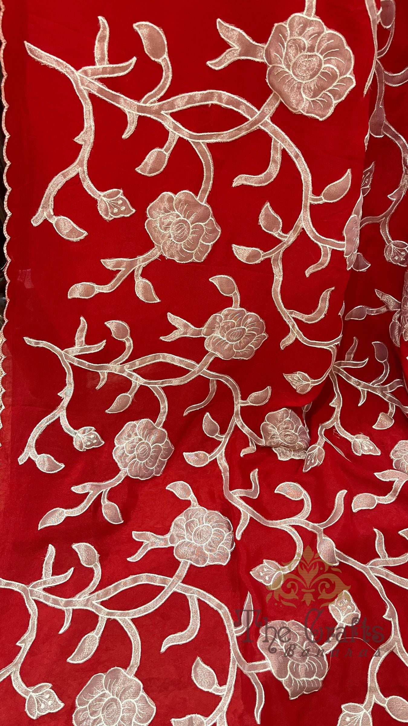 Pure Crepe Silk Banarasi Saree - Floral Appliqué Work