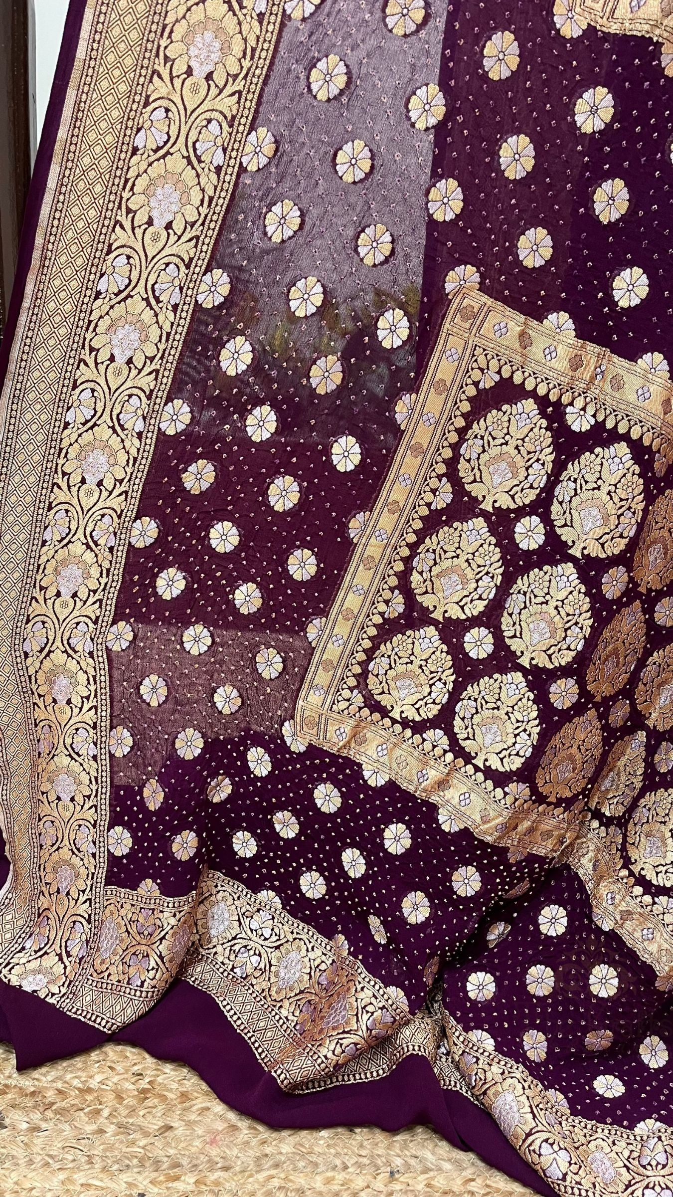 Pure Georgette Banarasi Handloom Bandhej Saree - All over Sona rupa Jaal work