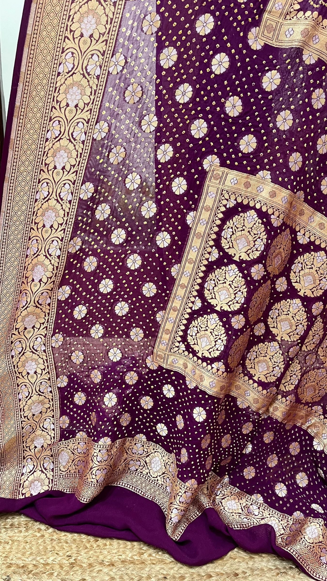 Pure Georgette Banarasi Handloom Bandhej Saree - All over Sona rupa Jaal work