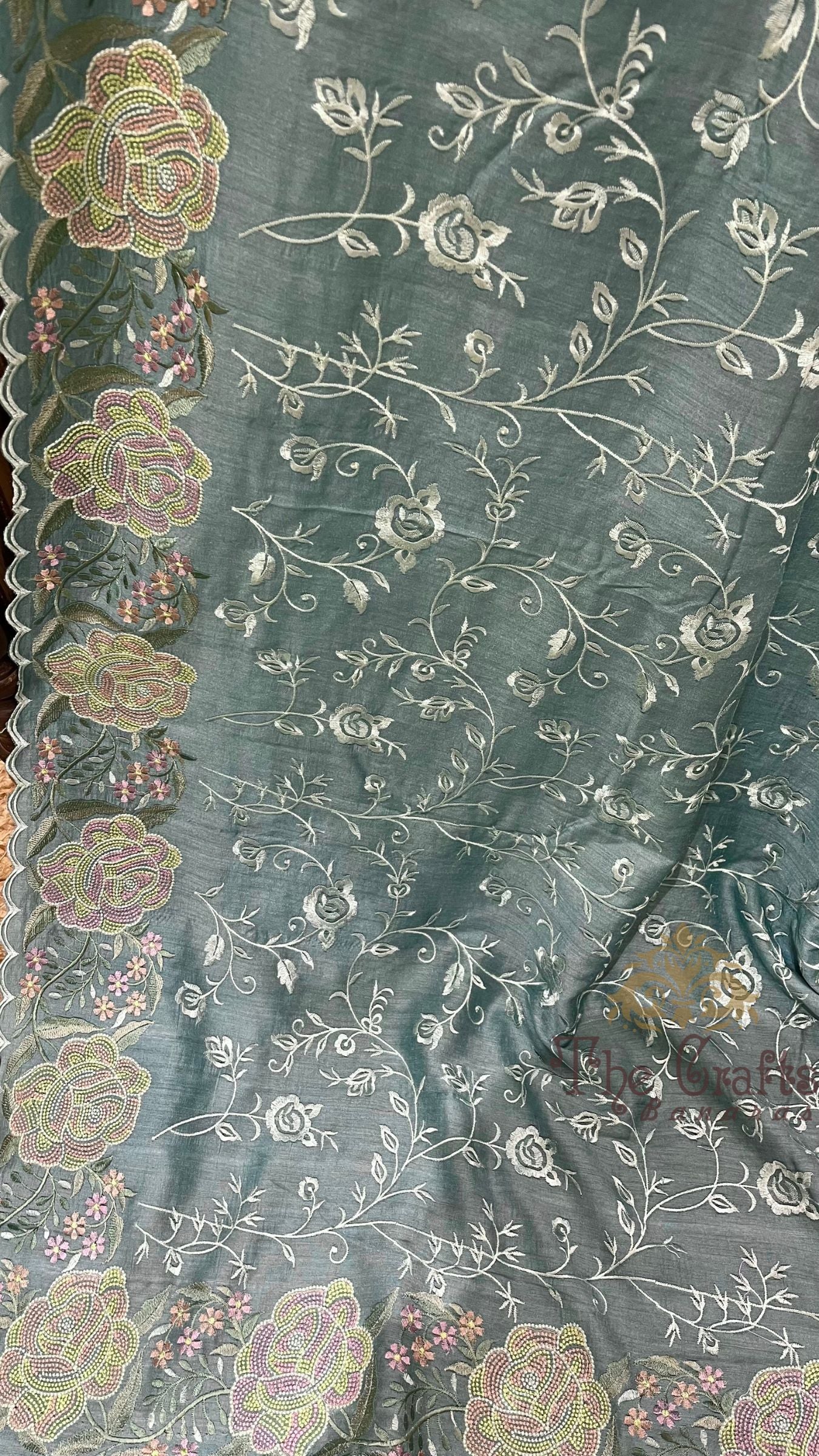 Pure Munga Silk Banarasi Saree - Chikankari all over