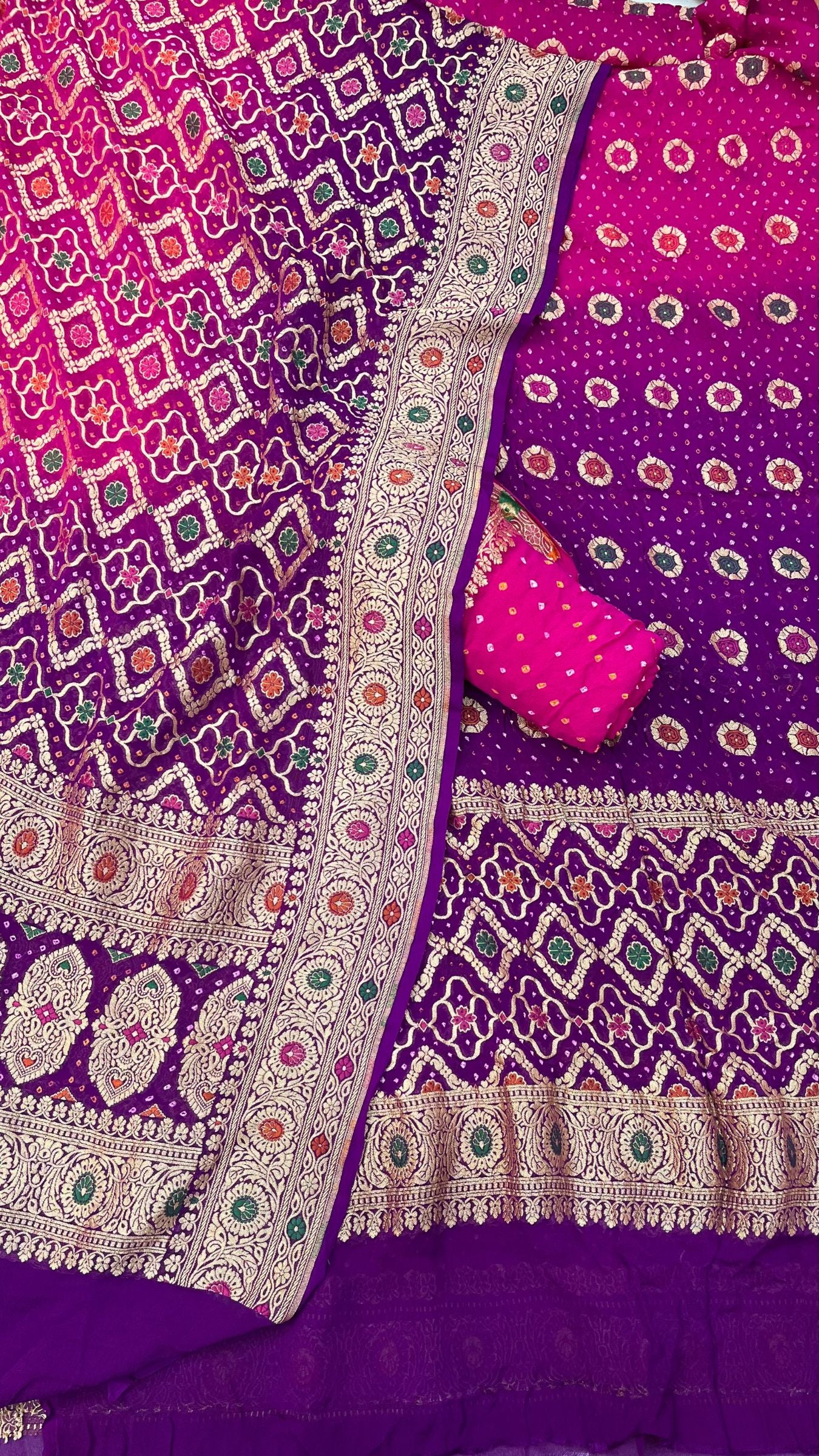 Pure Georgette Banarasi Bandhej Dress Material - with Meenakari