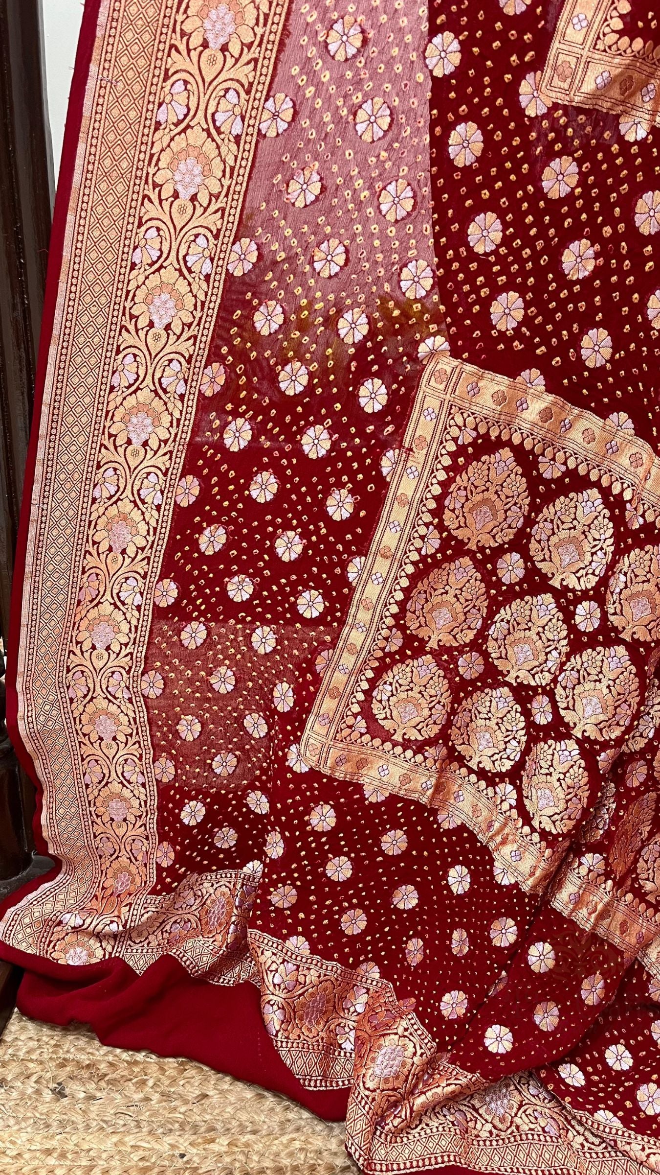 Pure Georgette Banarasi Handloom Bandhej Saree - All over Sona rupa Jaal work