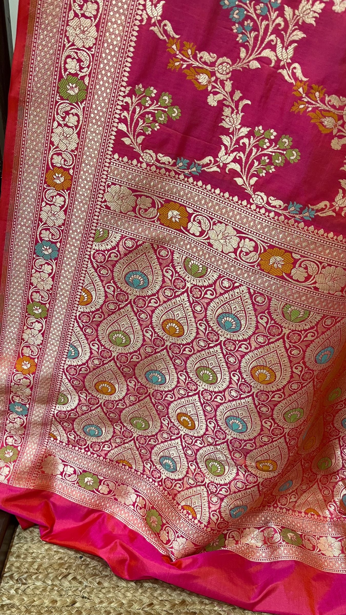 Pure Katan Silk Handloom Banarasi Saree - Jaal With Meenakari