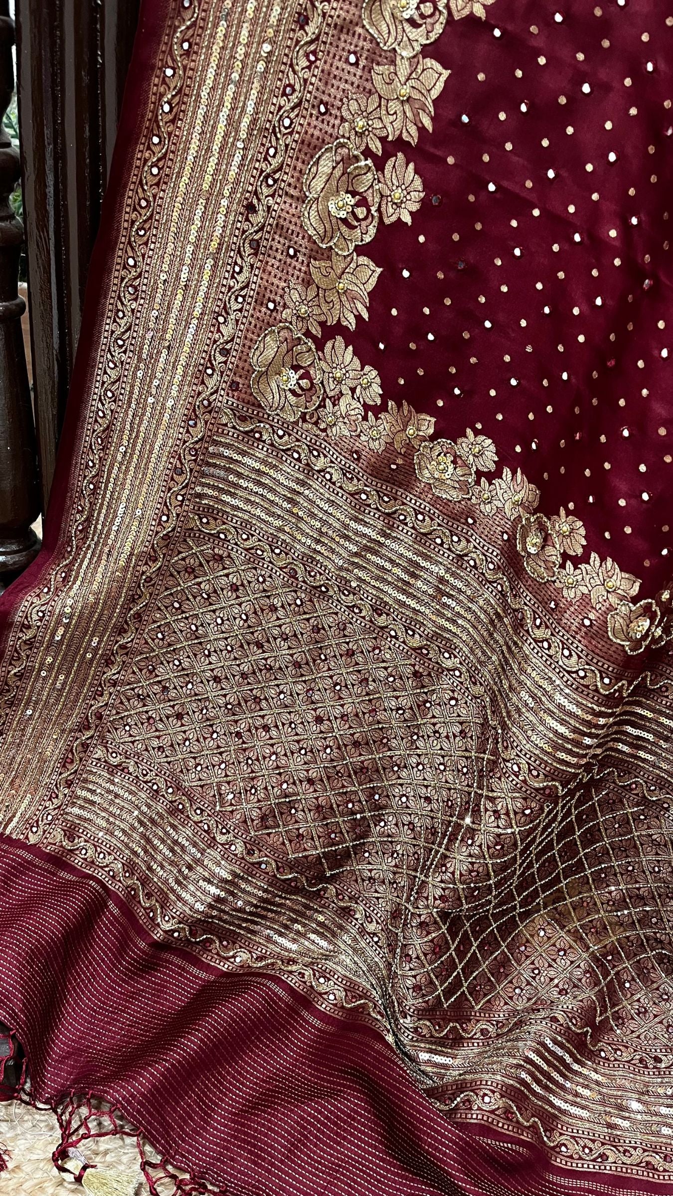 Pure Katan Silk Handloom Banarasi Saree - Chunri Buti with Zardozi Cut Dana and Mirror Work