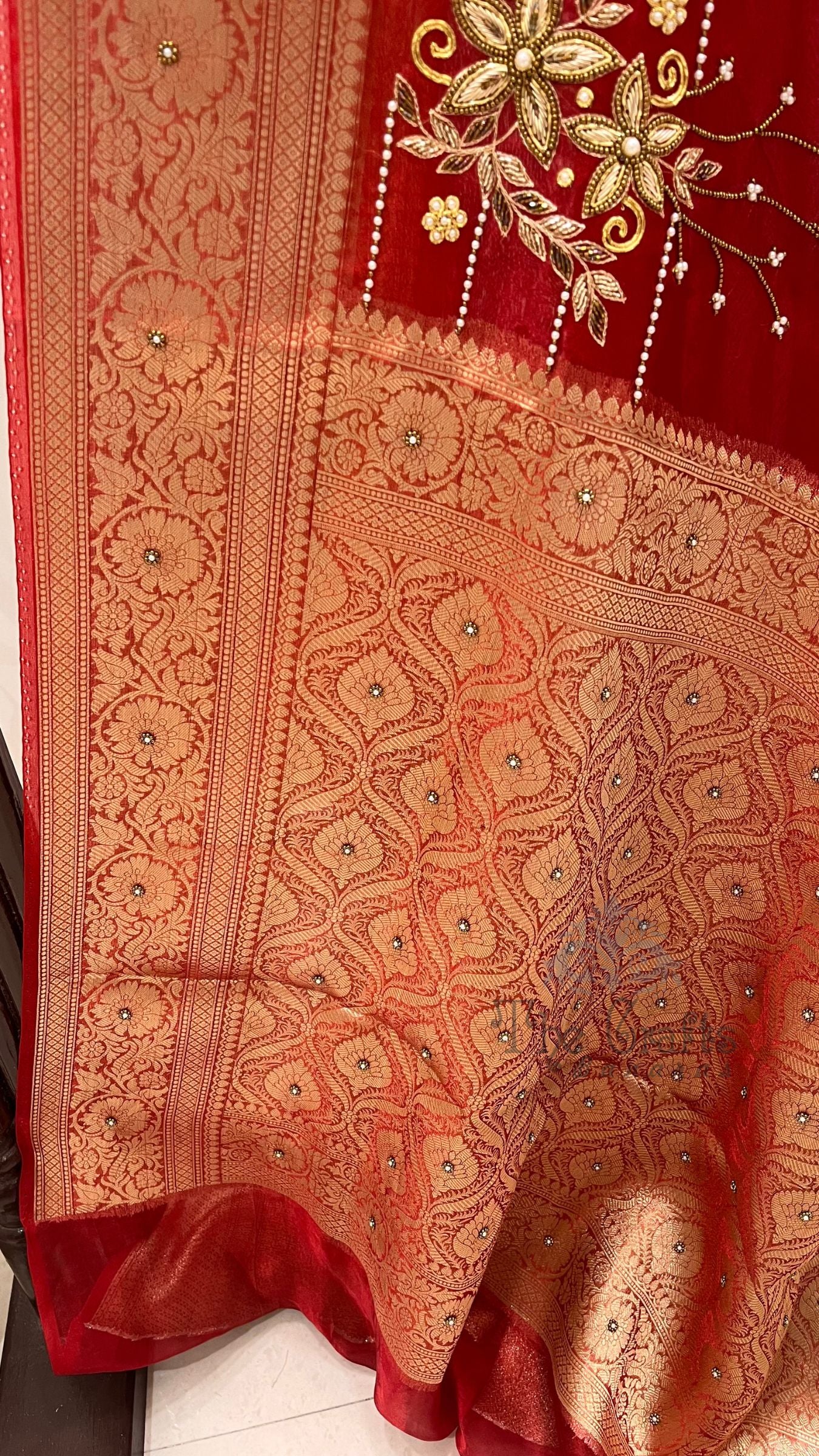 Pure Kora Silk Handloom Banarasi Saree - Handwork Zardozi Cut Dana and Stone Work
