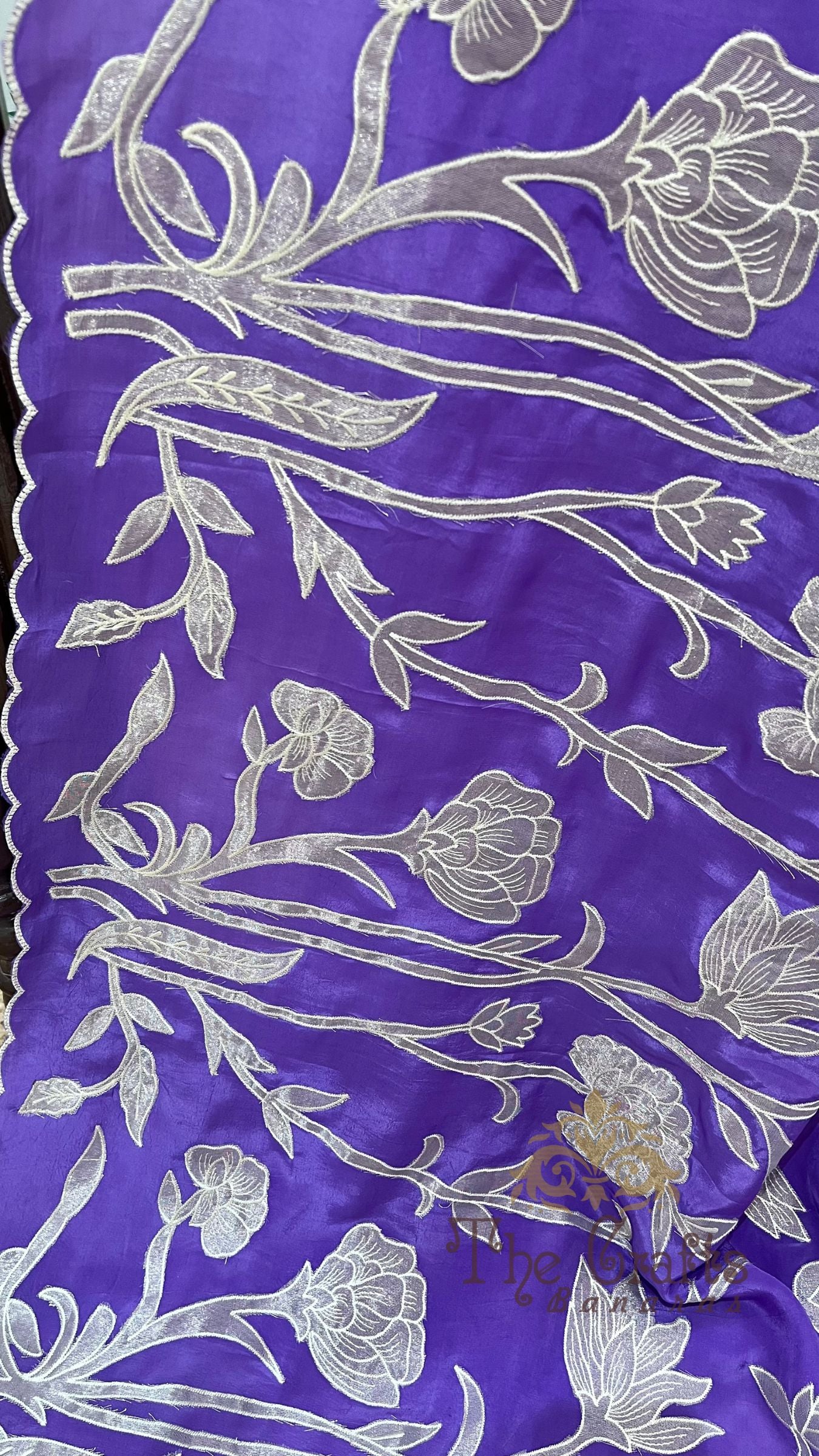 Pure Crepe Silk Banarasi Saree - Floral Appliqué Work