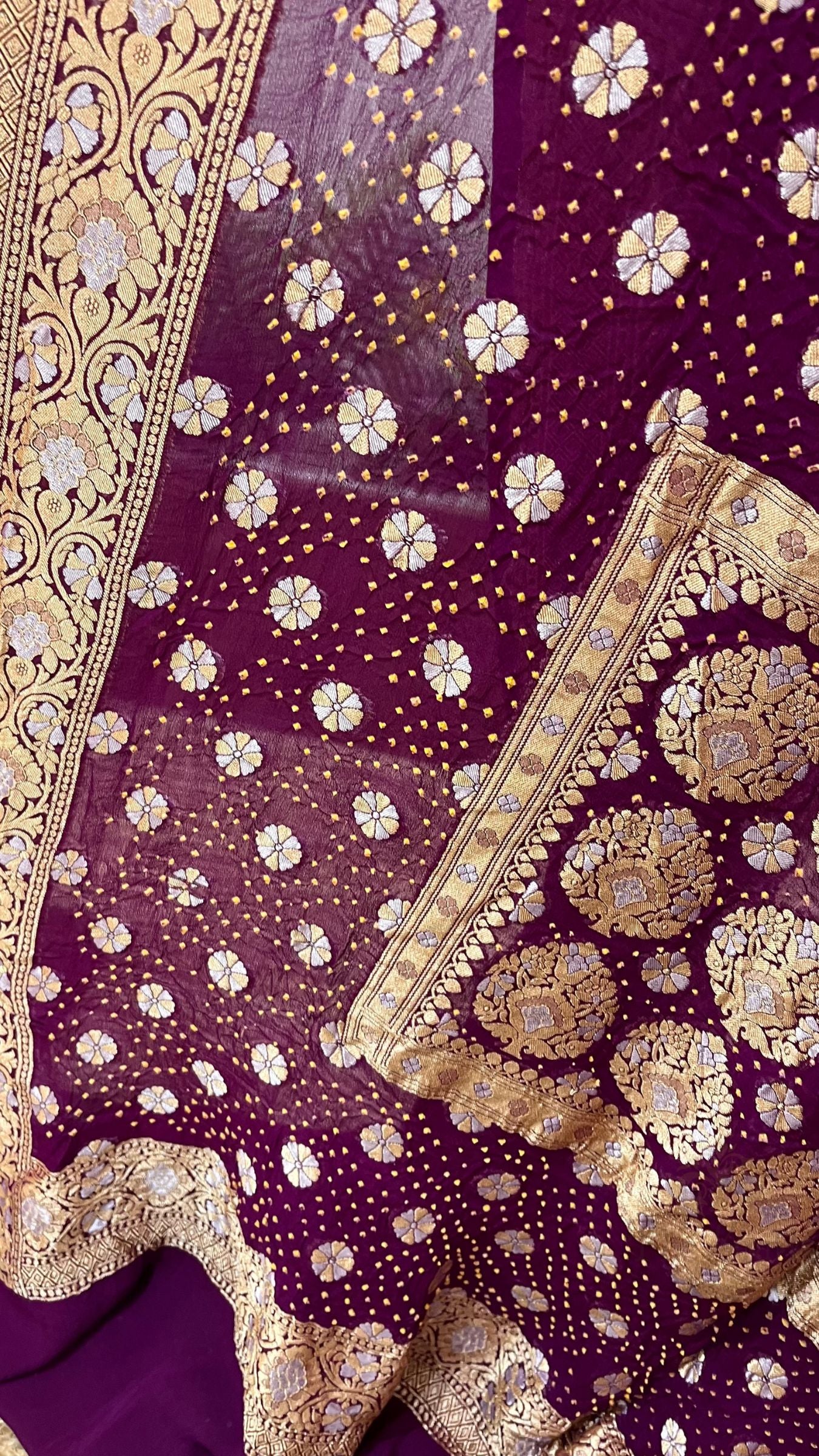 Pure Georgette Banarasi Handloom Bandhej Saree - All over Sona rupa Jaal work
