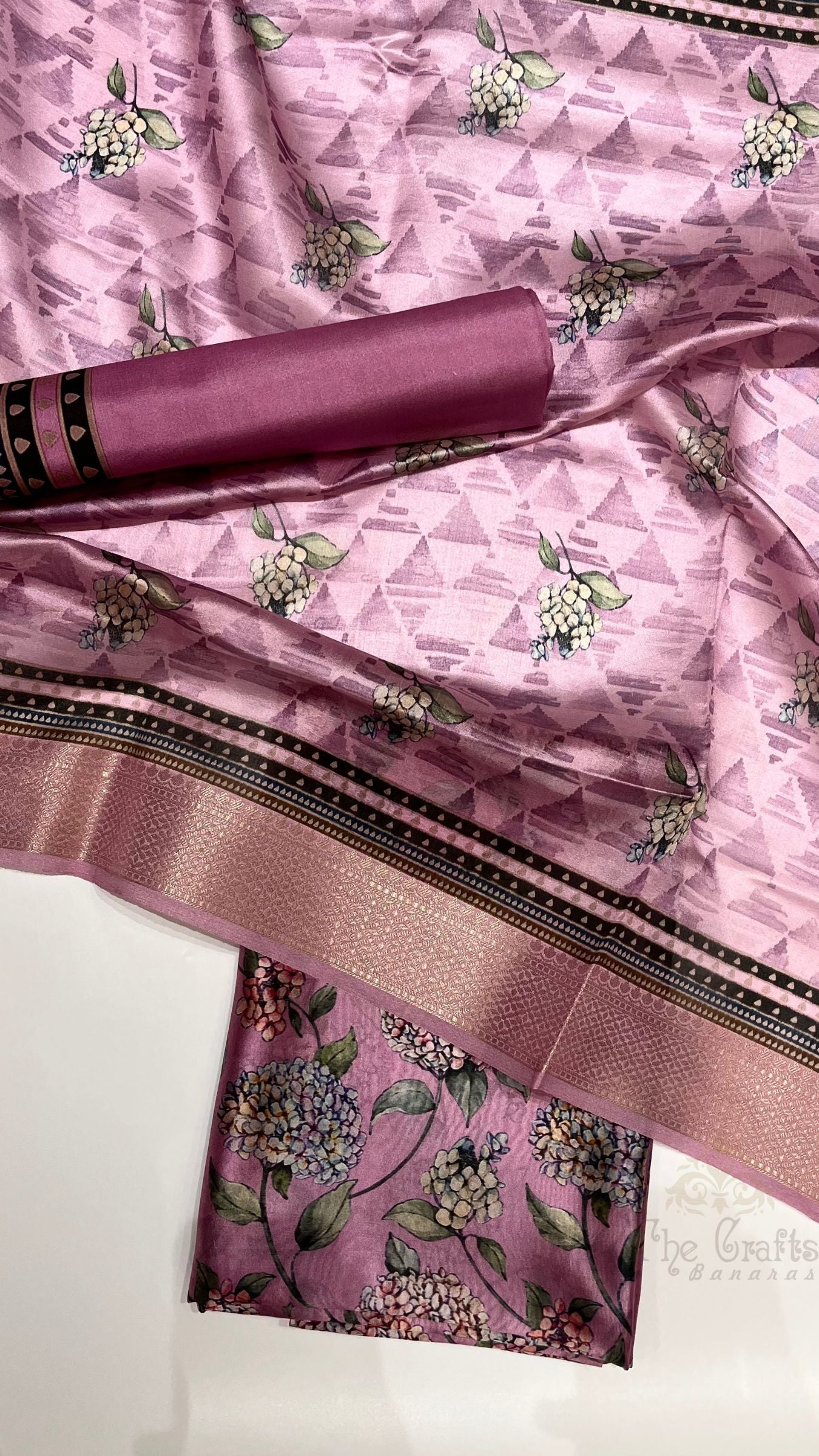 Pure Mango Silk Banarasi Dress Material - Digital Print All over