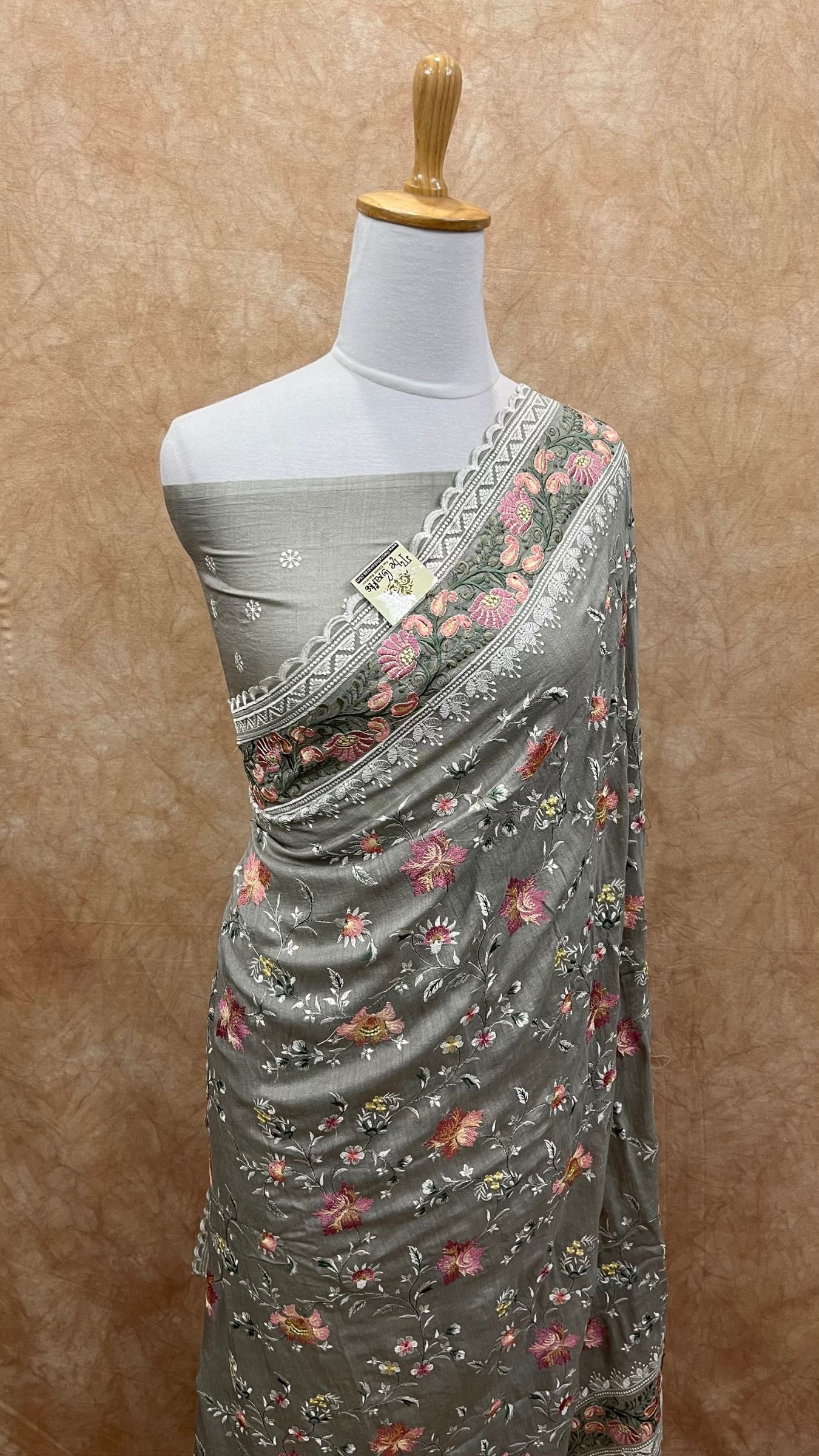 Pure Munga Silk Banarasi Saree - Chikankari all over