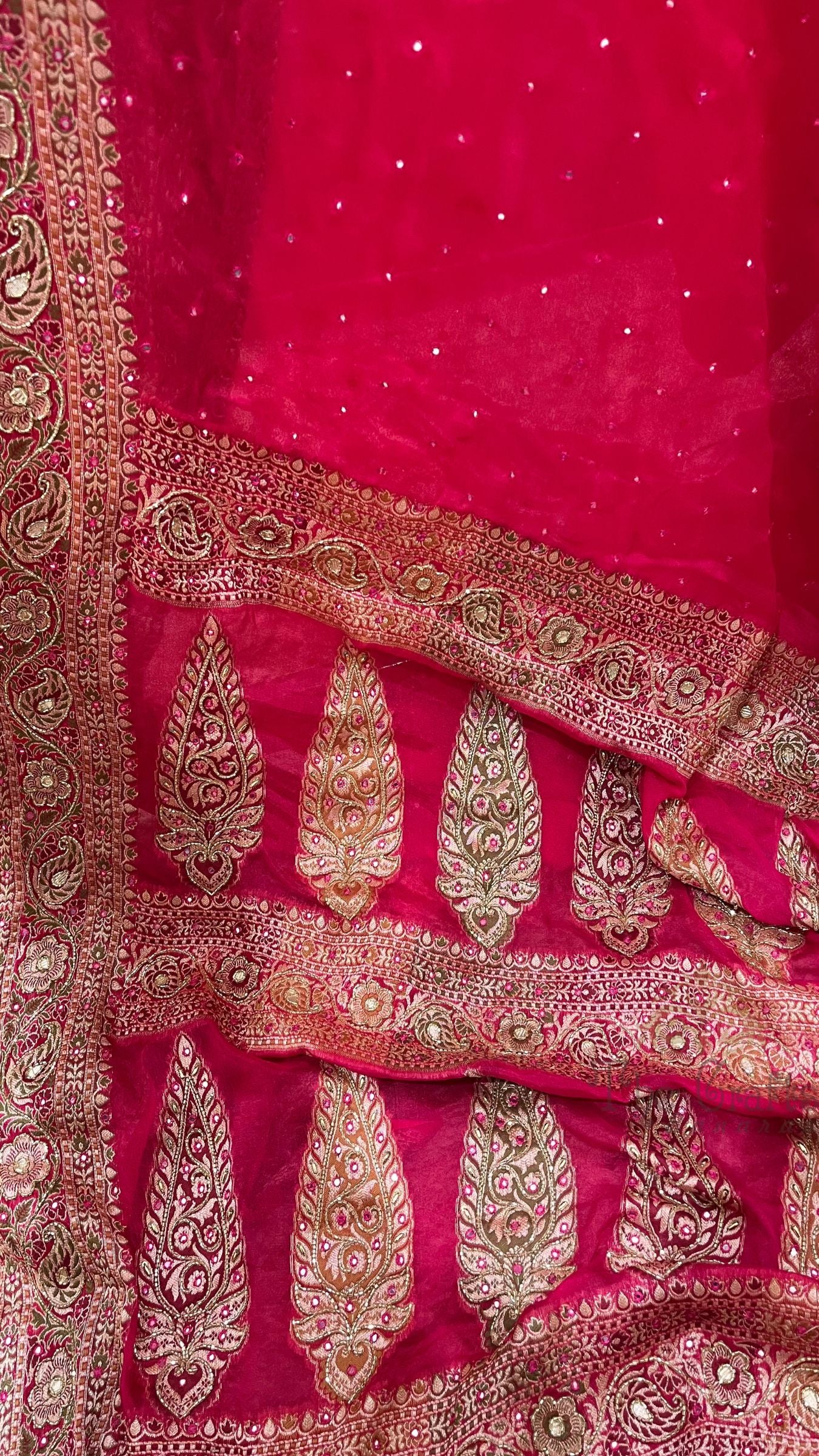 Pure Khaddi Chiffon Handloom Banarasi Saree - Handwork Mirror Cut Dana and Stone Work