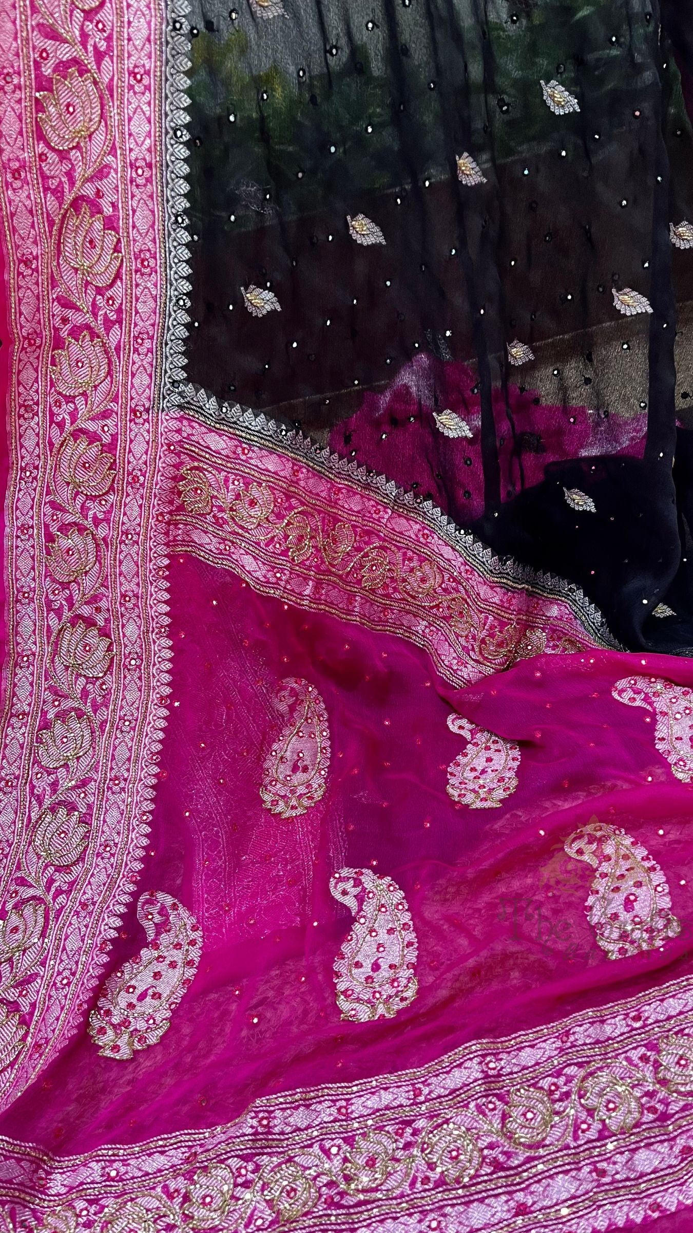 Pure Georgette Handloom Banarasi Saree - Handwork Mirror Cut Dana and Stone Work