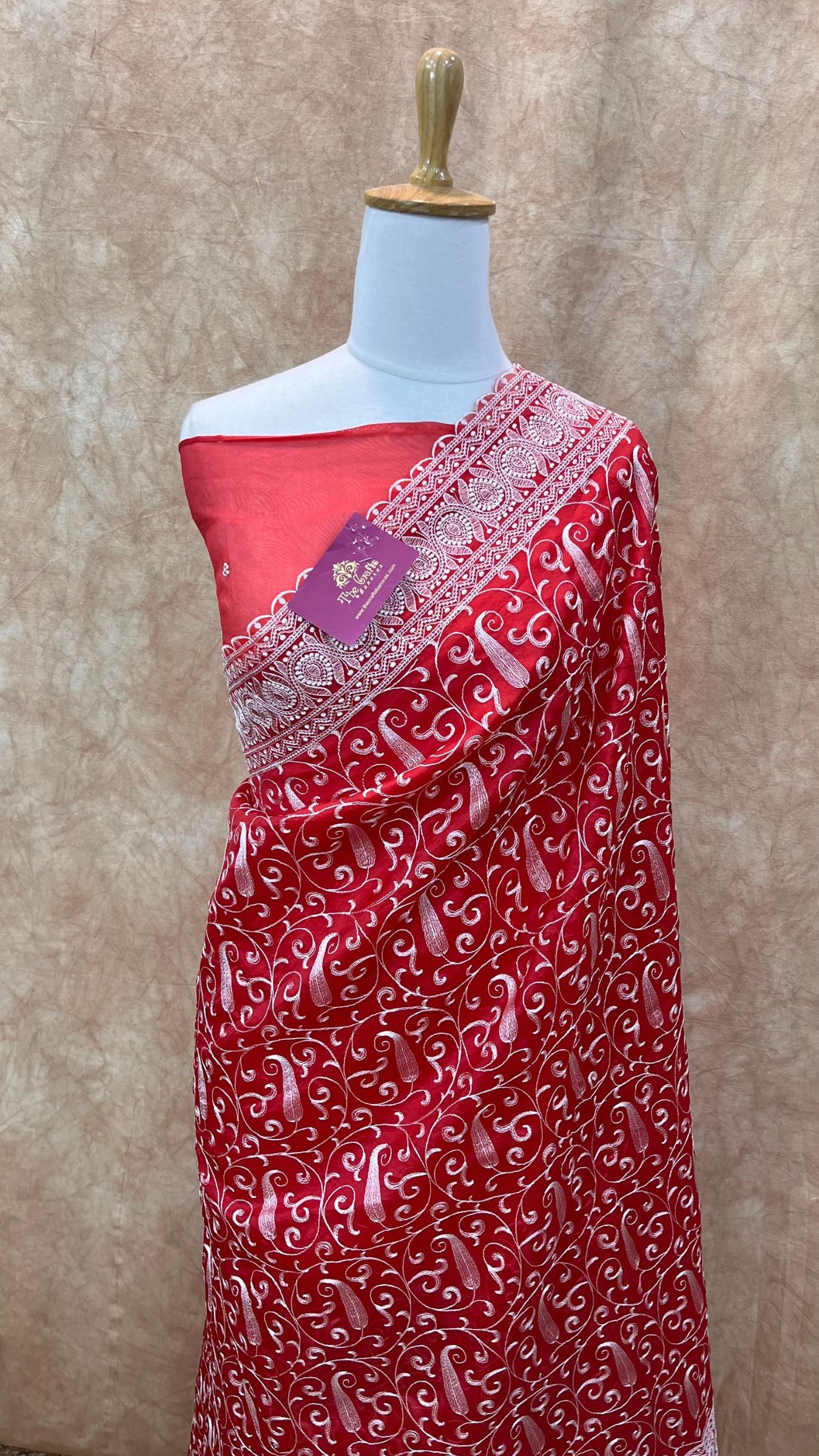 Pure Organza Silk Handloom Banarasi Saree - Chikankari all over