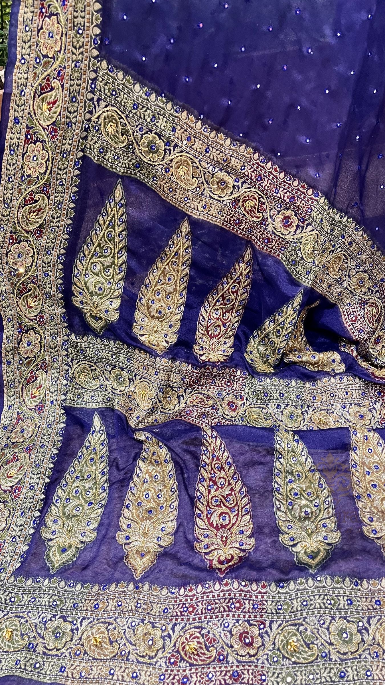 Pure Khaddi Chiffon Handloom Banarasi Saree - Handwork Mirror Cut Dana and Stone Work