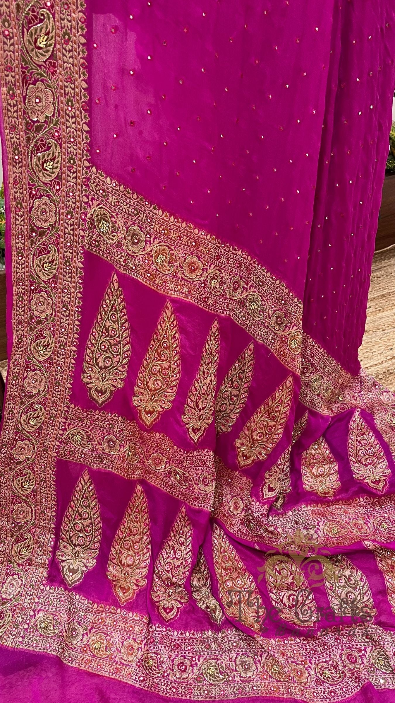 Pure Khaddi Chiffon Handloom Banarasi Saree - Cut Dana & Mirror Handwork