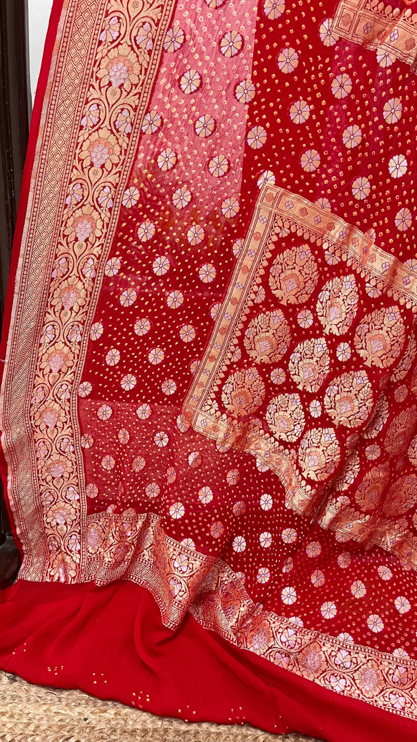 Pure Georgette Banarasi Handloom Bandhej Saree - All over Sona rupa Jaal work