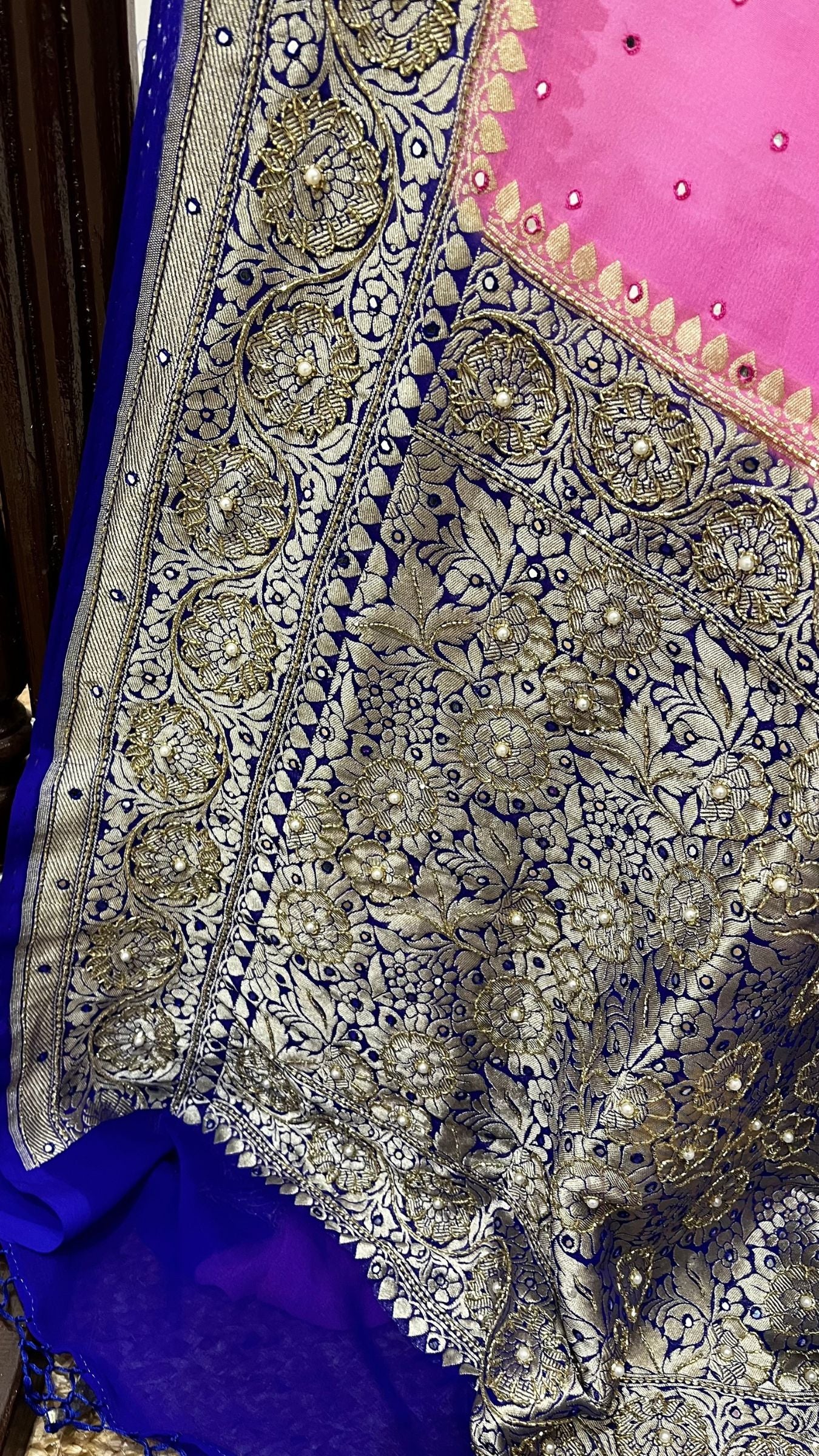 Khaddi Georgette Banarasi Saree - with Zardozi Cut Dana and Mirror Work